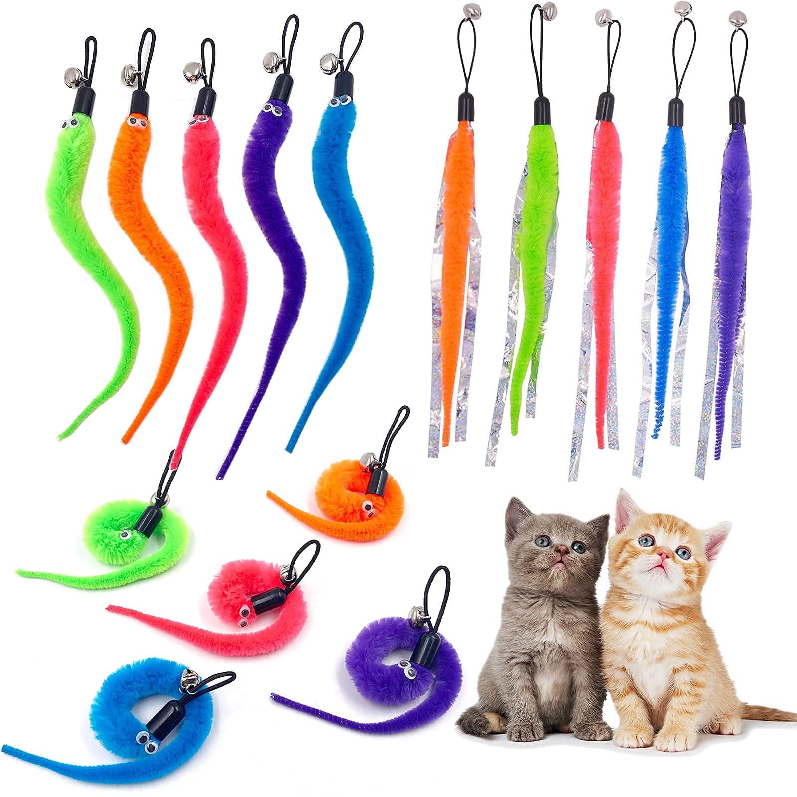 TIENAILING Cat Toy Worm Refills, 15 Pieces Interactive Cat Wand Attachments Worms Toy for Indoor Cats