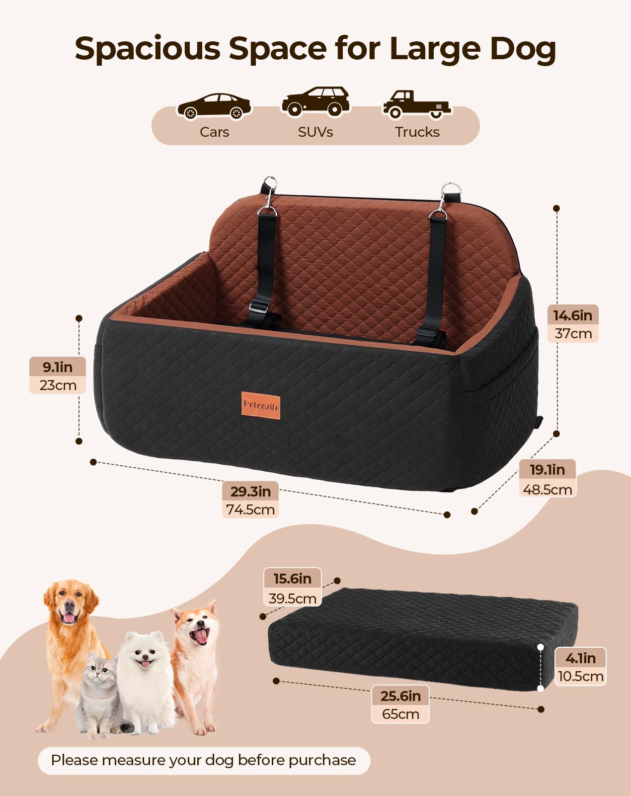 Dog Car Seat for Large Medium Dogs, Pet Car Seat Under 55 lbs or 2 Puppies, Removable Washable Pets Travel Booster Bed for Autom