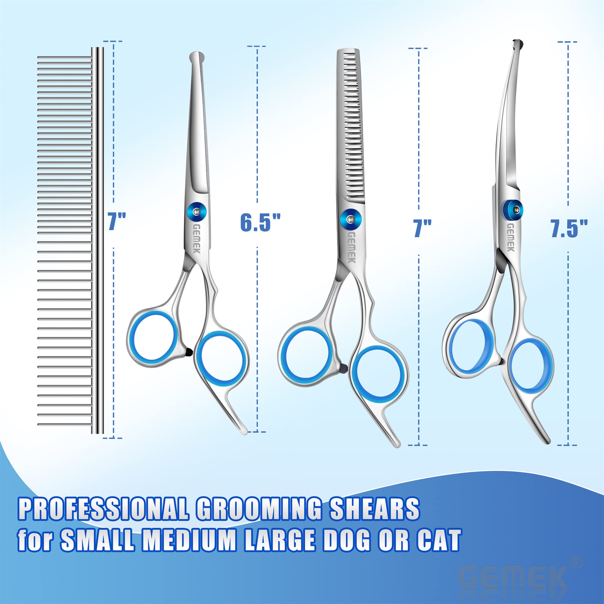 GEMEK Professional Grooming Scissors for Dogs with Safety Round Tips, Dog Grooming Scissors Set - Thinning, Straight, Curved She