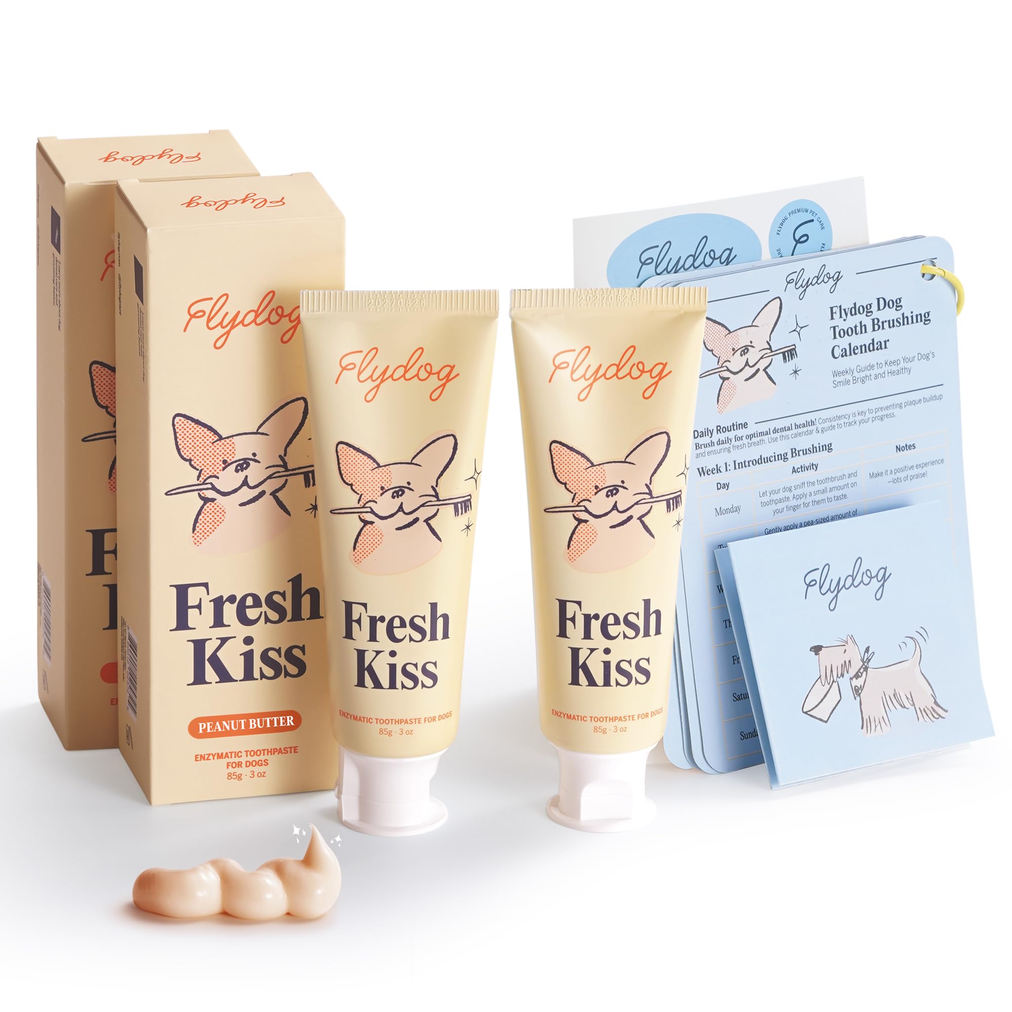 FlyDog Fresh Kiss Enzymatic Dog Toothpaste Kit - Vet Approved Organic Fomula with Coconut Oil, Tartar Remover for Dogs & Cats, 2