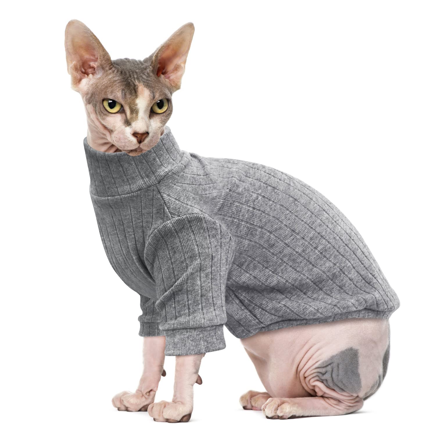 Idepet Sphynx Hairless Cats Sweater Shirt Kitten Soft Puppy Clothes Pullover Cute Cat Pajamas Jumpsuit Skin-Friendly Cotton Apparel Pet Winter Turtleneck For Cats And Small Dogs(X-Large, Gray)