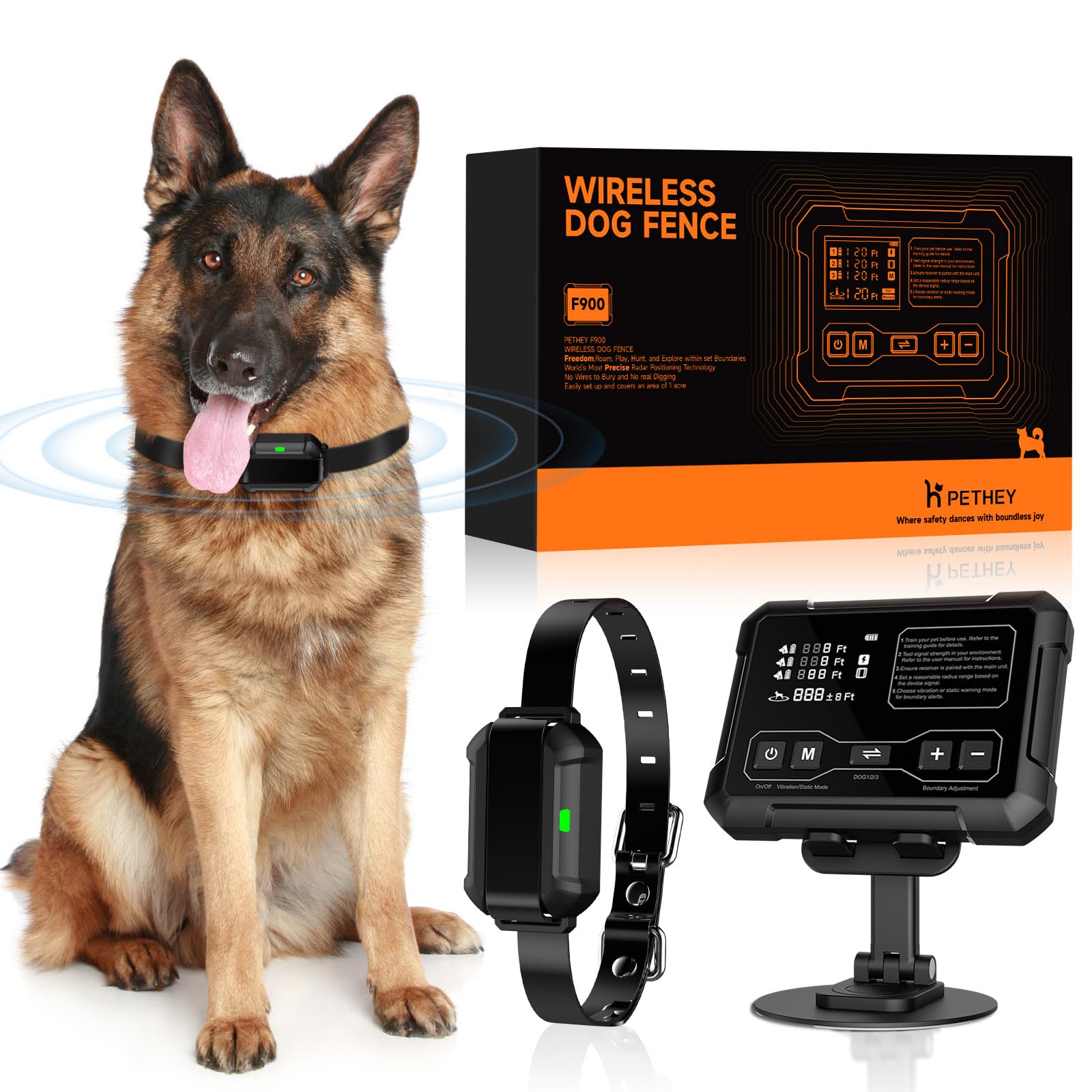 Pethey Wireless Dog Fence System, Indoor & Outdoor Use, 1 Acre High-Precision Radar Wireless Dog Fence, Real-Time Monitoring, 9-