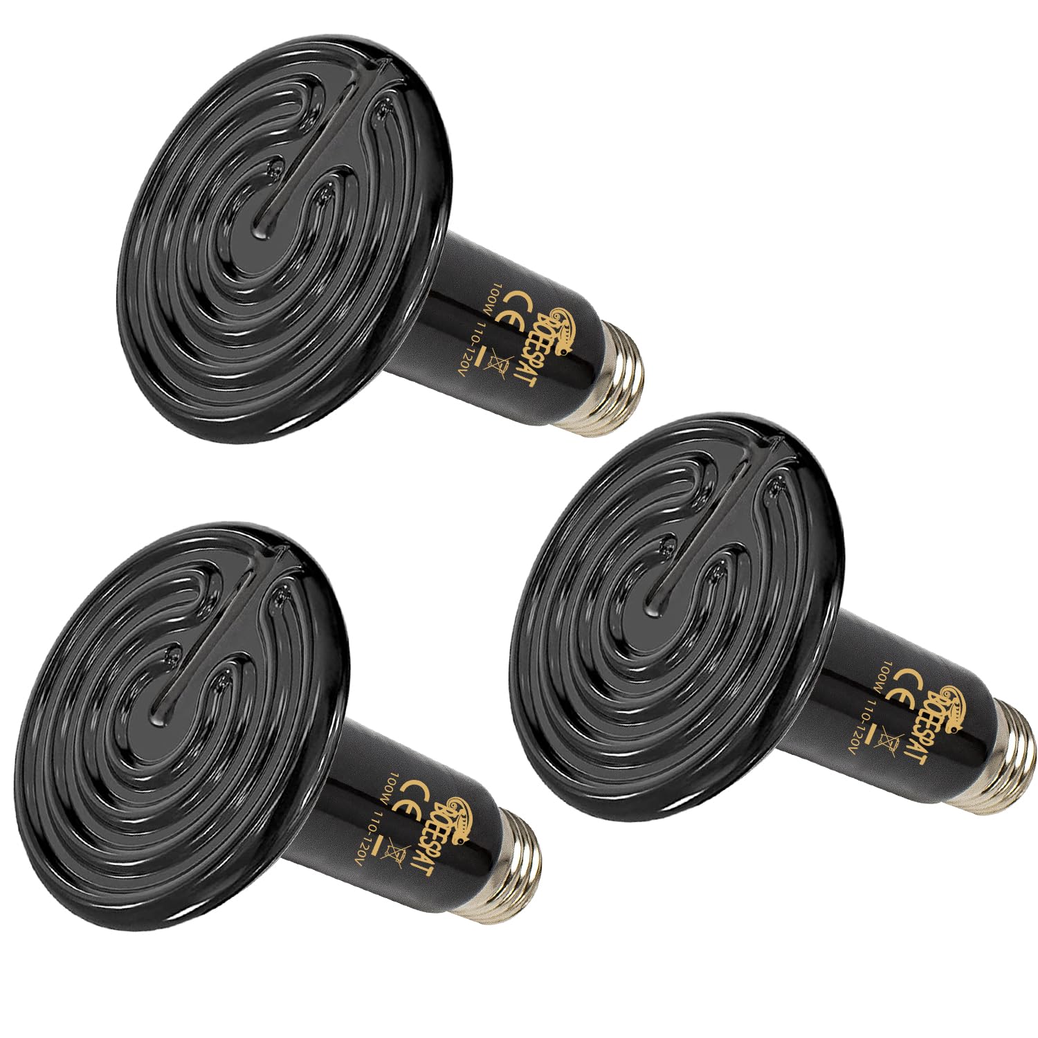 Boeespat Pack Of 3 Black Ceramic Heat Emitters, 100W Reptile Heat Bulbs For Lizards, Snake, Bearded Dragon, Reptiles & Amphibian