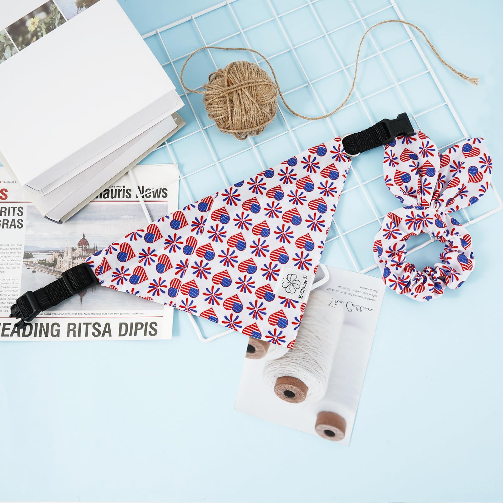 E-Clover 4Th Of July Dog Collar - American Flag Patriotic Dog Collars Bandana & Matching Scrunchie Adjustable Dogs Collars For X