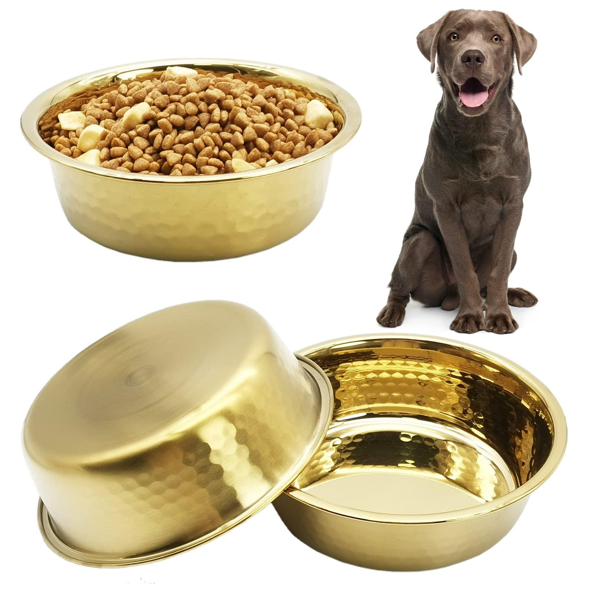 Kathson 3Pcs Premium Stainless Steel Dog Bowls, Hammered Thickened Metal Dog Bowl Feeding Or Water Bowls For Small/Meidum/Large Sized Dogs&Cats Stackable Metal Cat Bowl Dishwasher Safe 8.7 Dia.