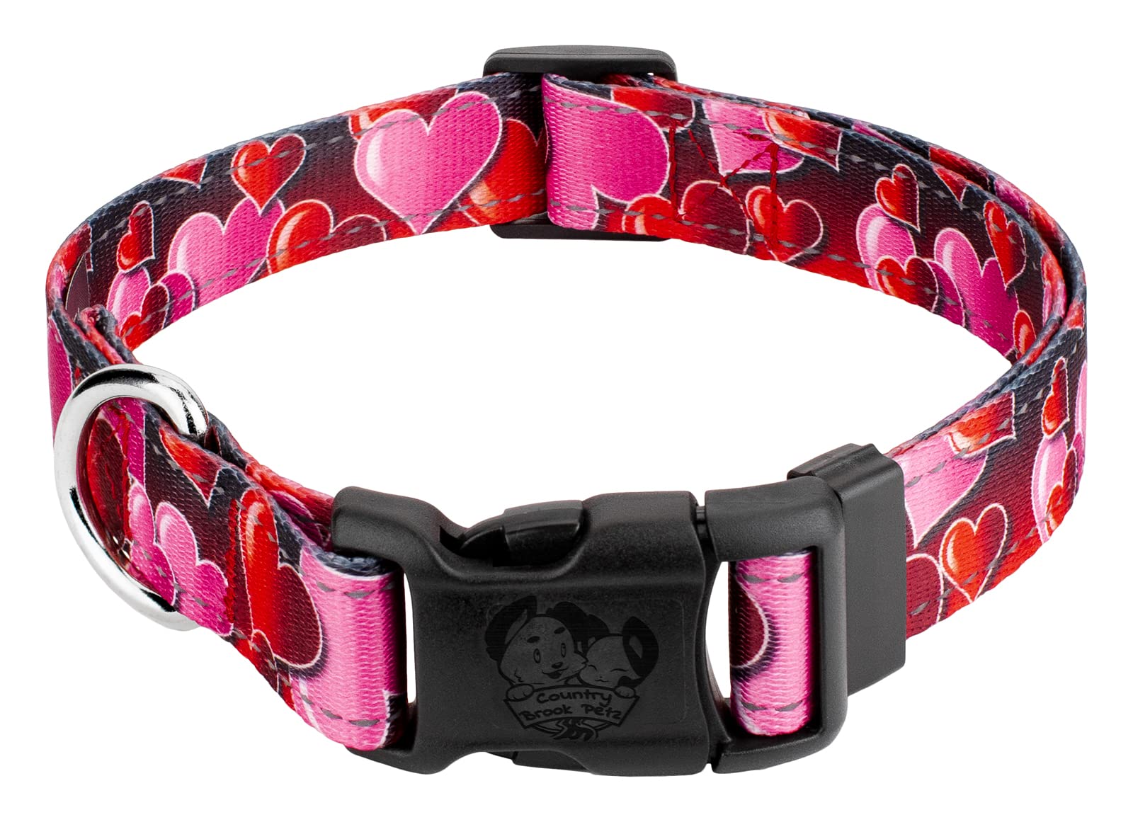 Country Brook Petz - Deluxe Romantic Hearts Reflective Dog Collar Collection Featuring Night Safe Designs (1 Inch, Large)