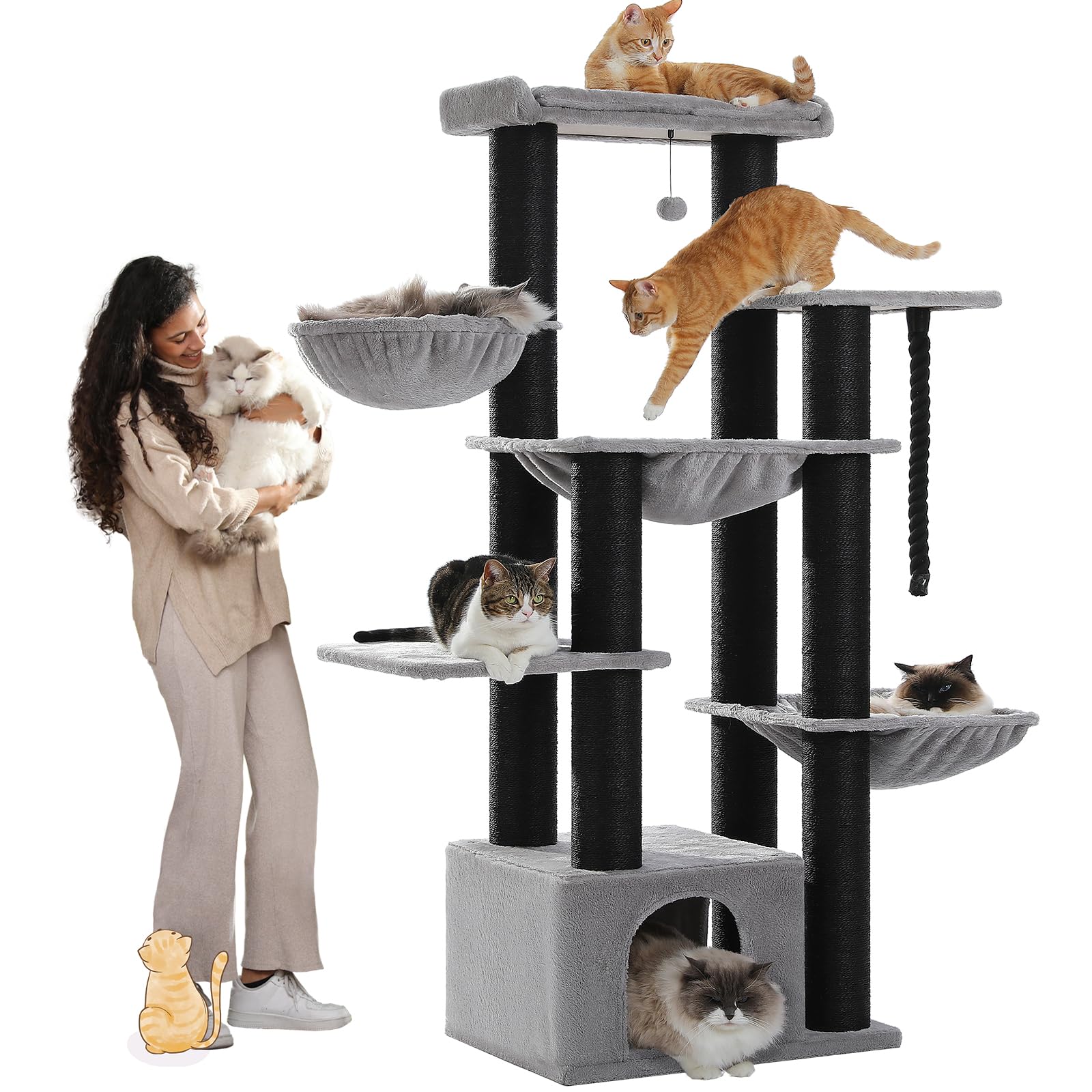 Muttros Large Cat Tree-67In Tall Cat Tower For Indoor Cats Large Adult With 13 Thick Black Scratching Posts (F4.3In), Multi- Lev