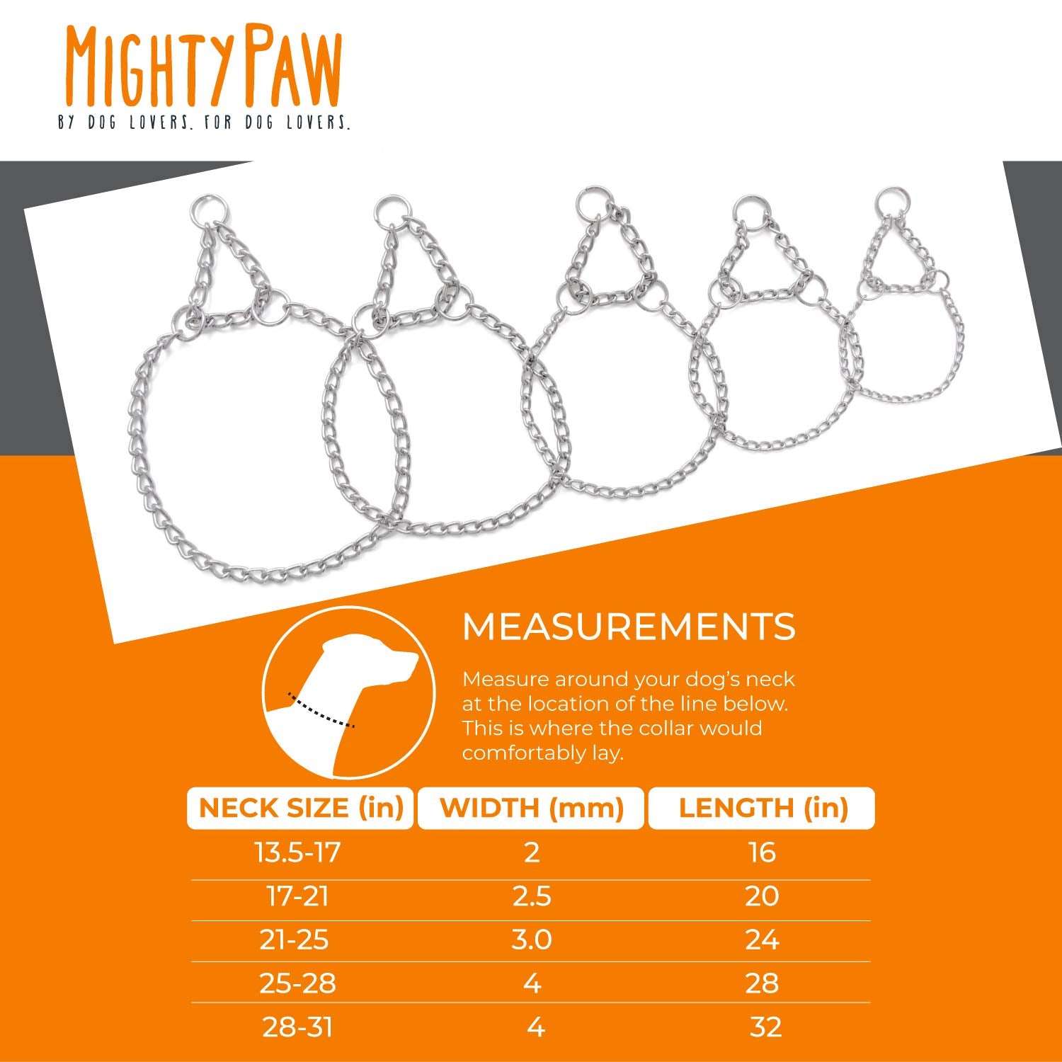 Mighty Paw Martingale Training Collar - Modified Slip Chain - No Slip - Trainer Approved - No More Pulling - Suitable For All Dogs - Steel Chain - Training Collar Chain - Stainless Steel Collar (32')