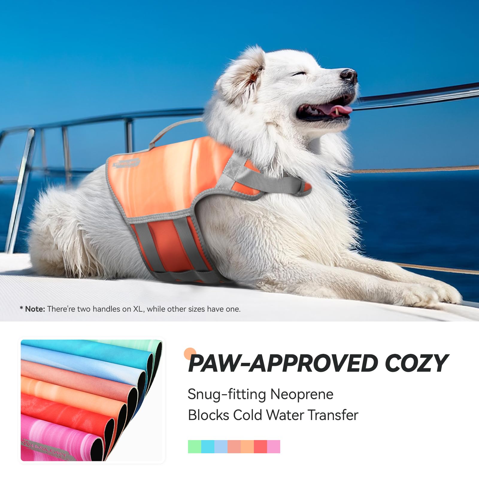 Vivaglory Neoprene Dog Life Jacket Dog Water Vest For Boating Hunting & Swimming, Lightweight With Leash Ring, L, Orange Sunset