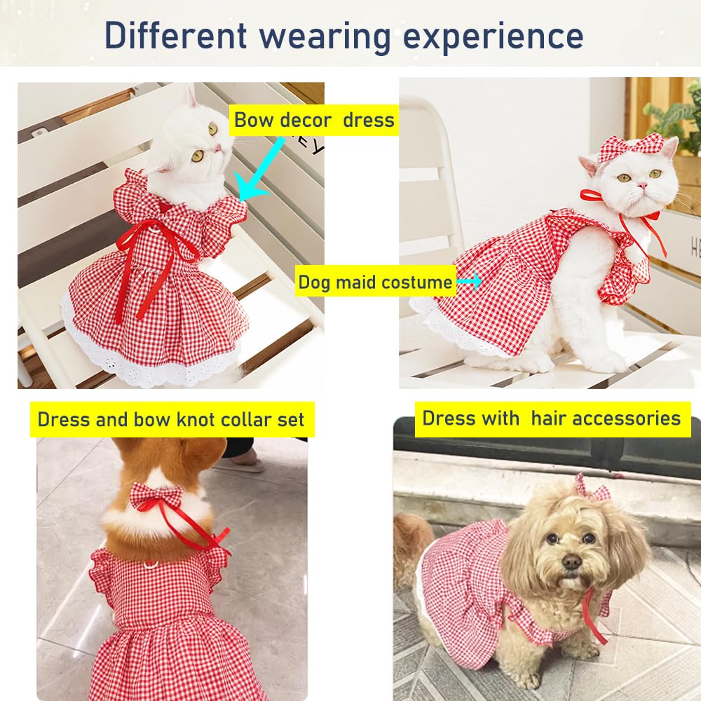 Aniac Plaid Dog Dress With Leash Ring Girl Dog Clothes For Small Dog Bow Decor Red Cat Dress For Cat Only Holiday Puppy Clothes
