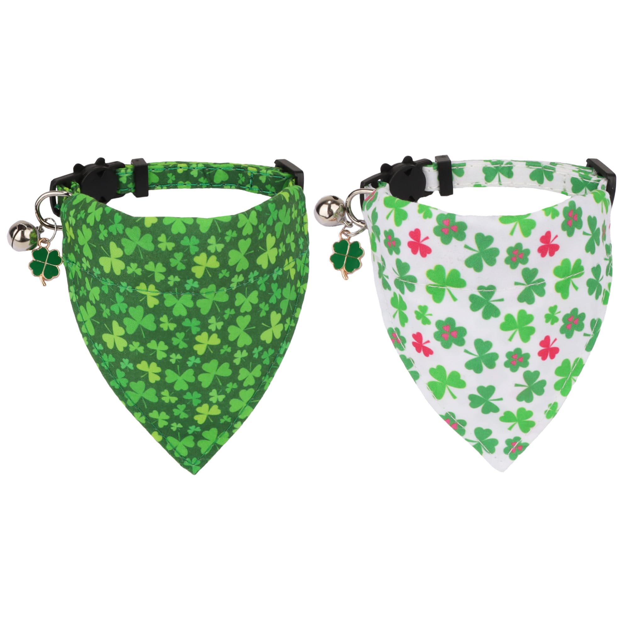 Adoggygo St. Patrick'S Day Cat Collars With Bandana Bell, 2 Pack Adjustable Cat Bandana Collar With Removable Scarf, Green Shamr