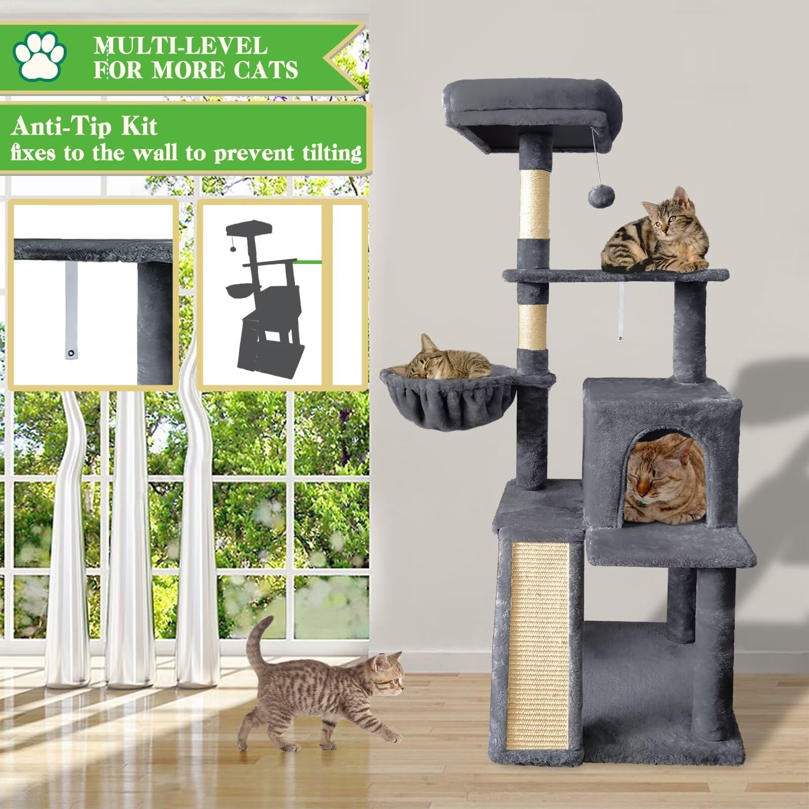 Pempet 57'' Cat Tree Tower For Indoor Cats, Multi-Level Cat Tower Condo With Sisal Scratching Post (Dark Gray)