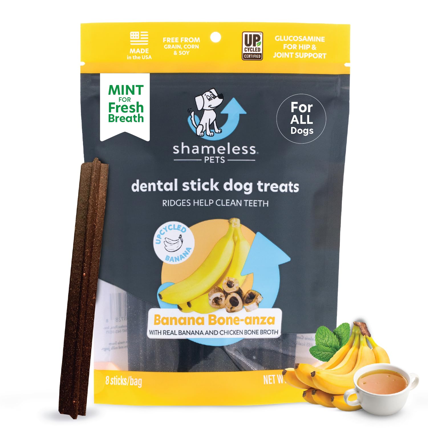Shameless Pets Dental Treats for Dogs, Banana Bone-Anza - Healthy Dental Sticks with Hip & Joint Support for Teeth Cleaning & Fr