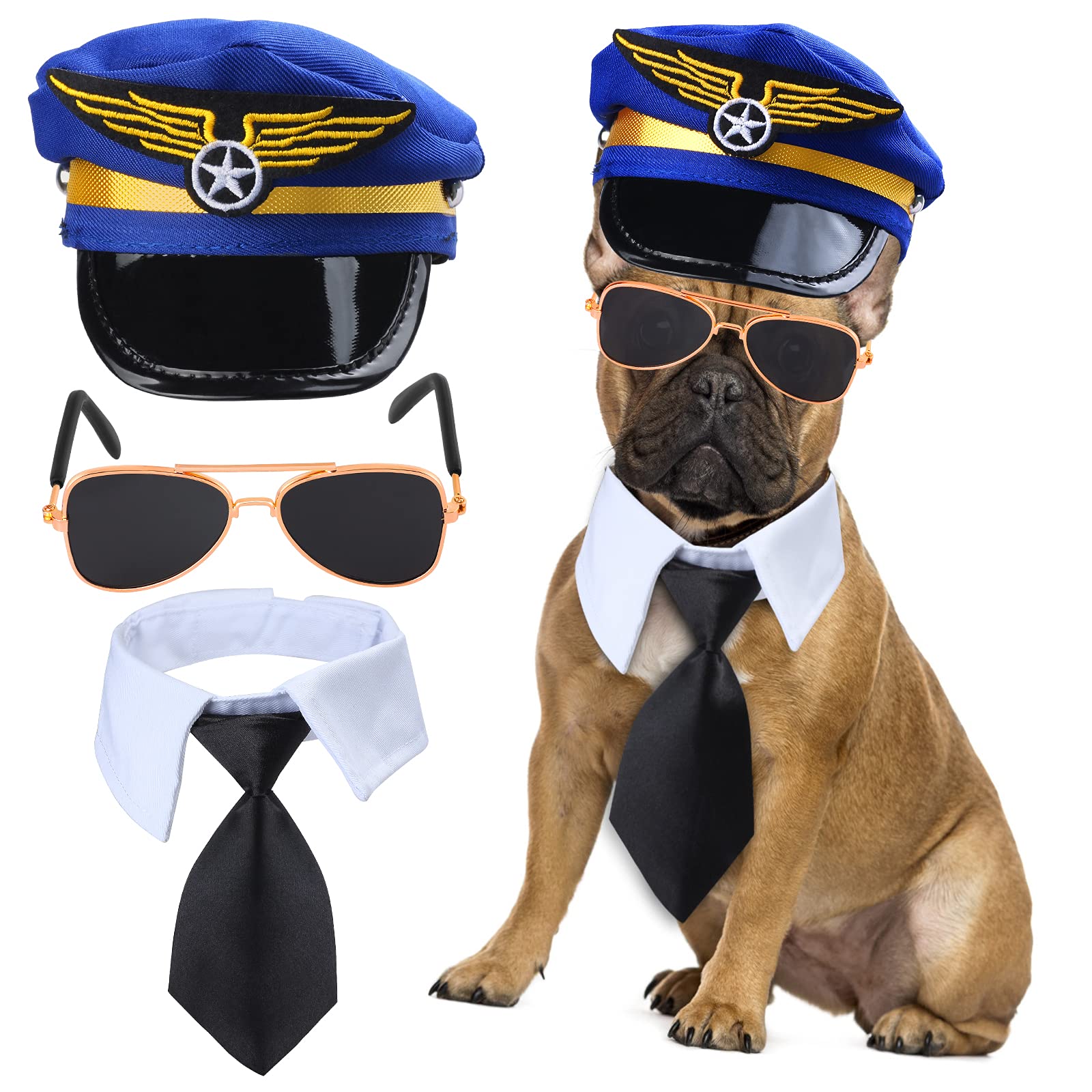 Yewong 3 Pieces Pet Captain Pilot Costume Accessory Set Dog Cat Pilot Hat Formal Necktie Collar Pilot Costume Accessories For Pet Pilot Fancy Dress Halloween Party (Set-C)