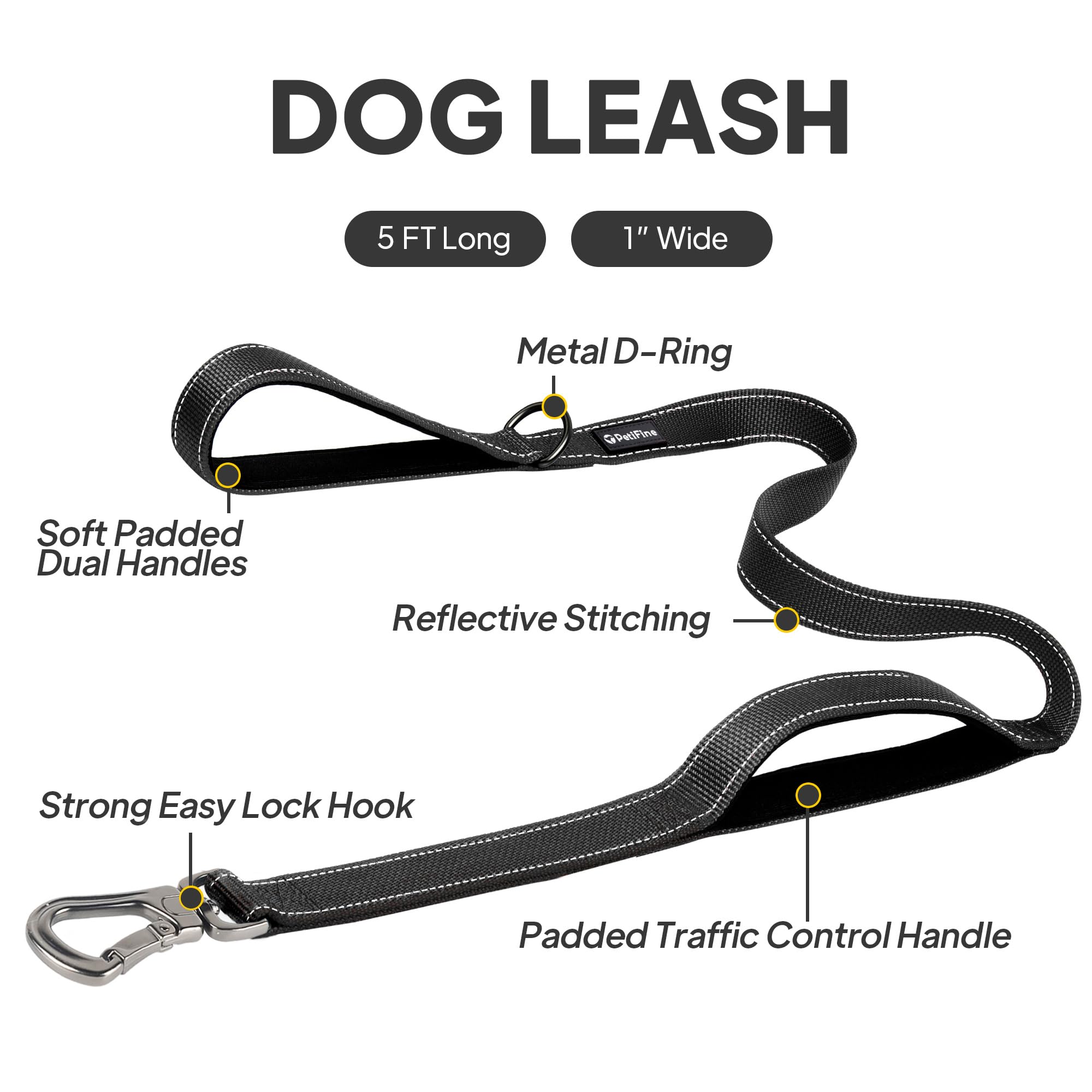 Petifine 5Ft Heavy Duty Dog Leash With Soft Padded Double Handle, Durable Strong Clasp Dog Leashes, Reflective Nylon Walking Lead For Large,Medium,Small Breed Dogs, Black