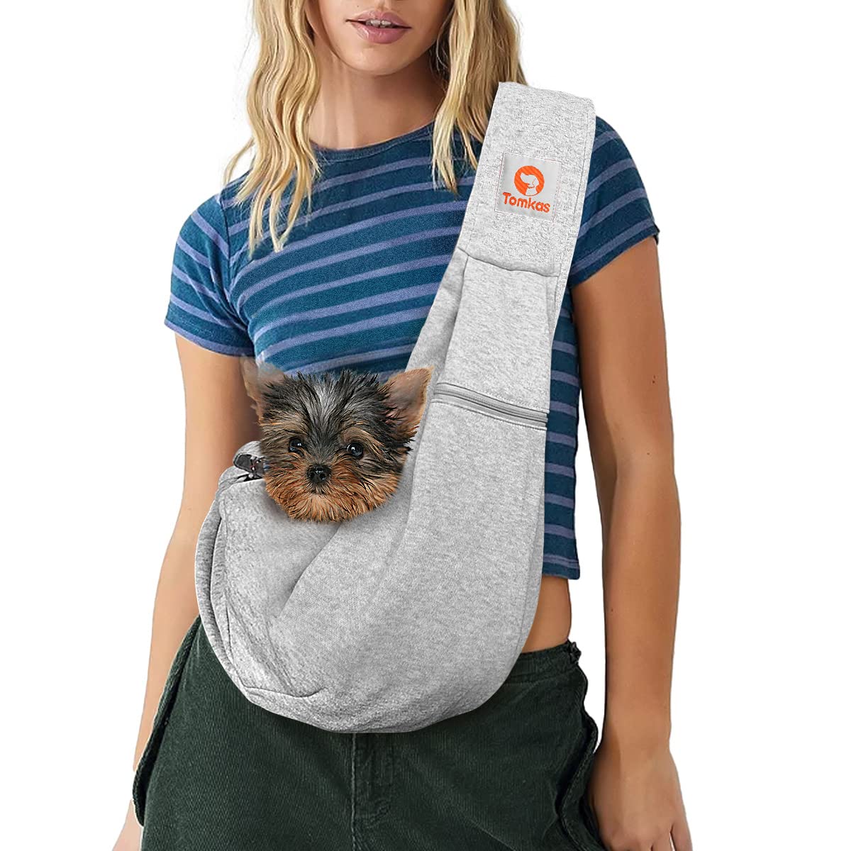 Tomkas Small Dog Sling Carrier - Zipper Pocket & Adjustable Strap & Zip Pocket - For 3-10 Lbs Pets(Grey) Puppy