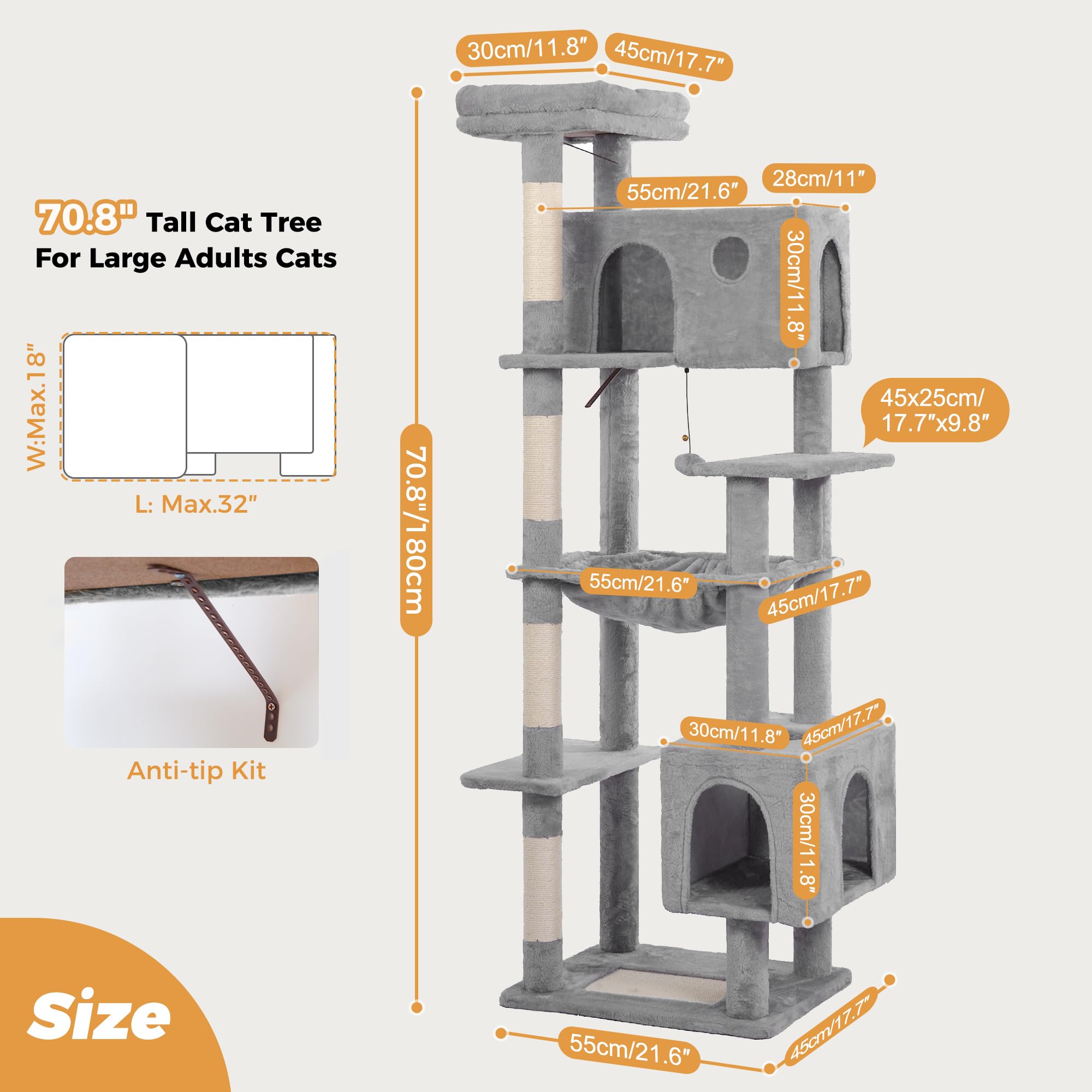 Meowrista Tall Cat Tree For Indoor Cat Large Adults 54   /72    Cat Tower With Hammock21.6X17.7   Spacious Condo And Roomy Top B