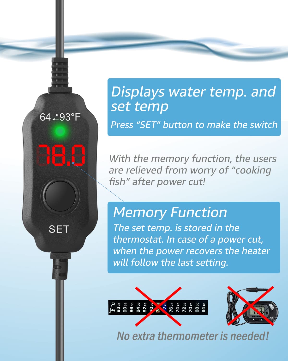 FUMAK 200W Adjustable Aquarium Heater Super Short Submersible Fish Tank Heater Fish Heater with LED Digital Display Thermostat,