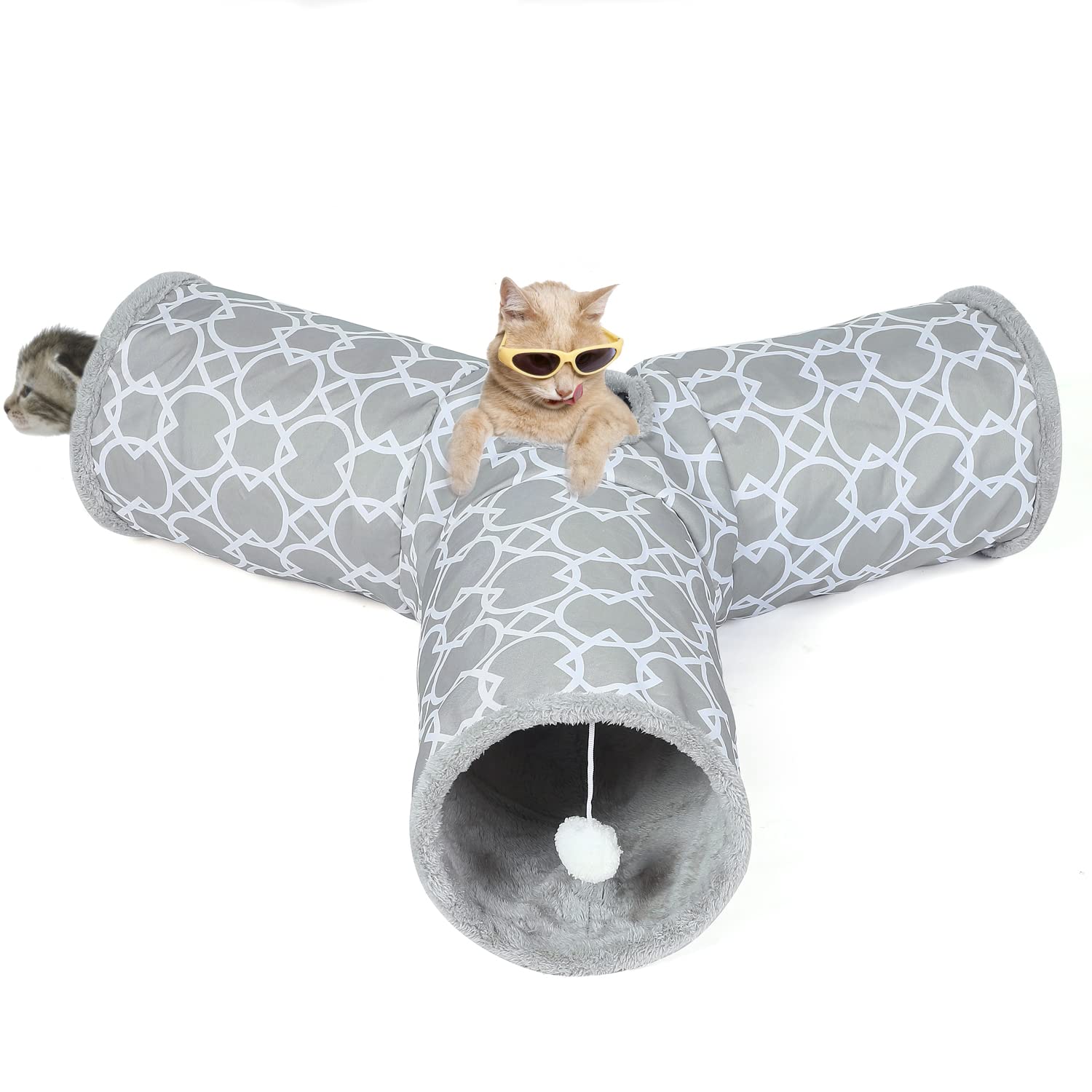LUCKITTY Geometric Cat Tunnel - Plush Inside, Collapsible Tube for Cats, Kittens, Rabbits, Dogs - Grey-White, 3 Way, Model 1