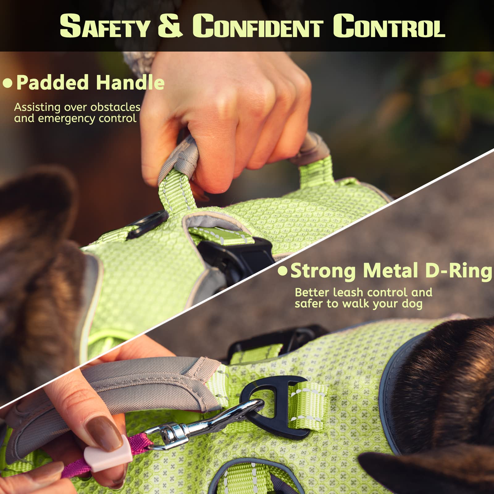 No Escape Dog Harness, Escape Proof Harness, Fully Reflective Harness With Padded Handle, Breathable,Durable, Adjustable Vest For Medium Dogs Walking, Training, And Running Gear Green (Medium)