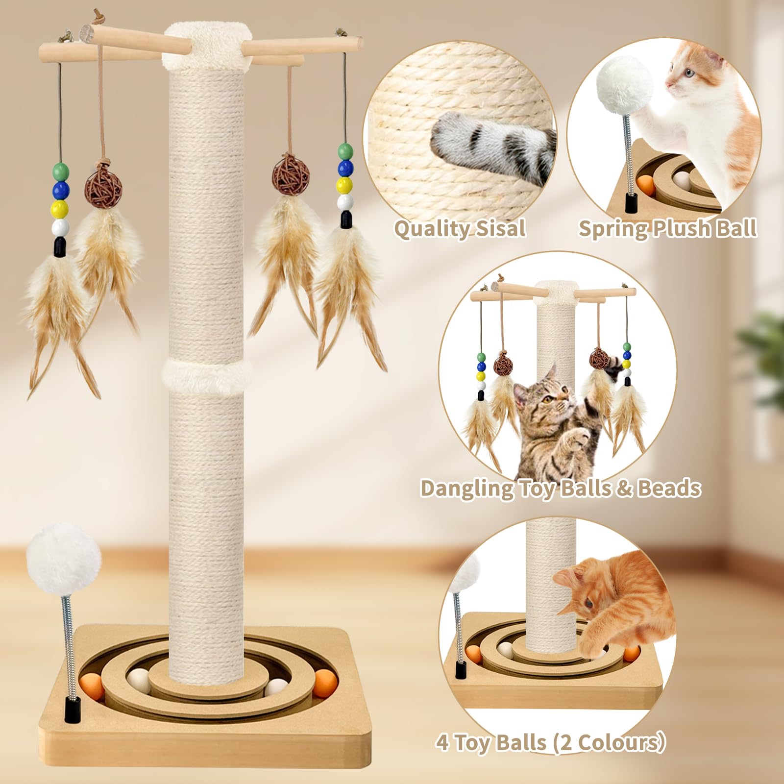 Cat Scratching Post, Sisal, Interactive Furniture Toys For Indoor Cats Adults, 2 Mounting Methods Scratcher Tree Tower With Hang