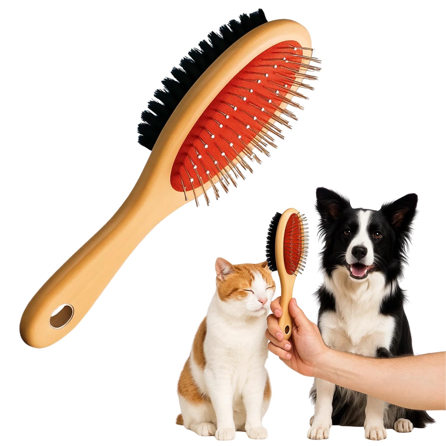 Wiggleboo 20Cm Wooden Double Side Pet Brush  Dog & Cat Grooming Bathing Comb  Metal Pin Bristles & Soft Hair Bristles  Detang