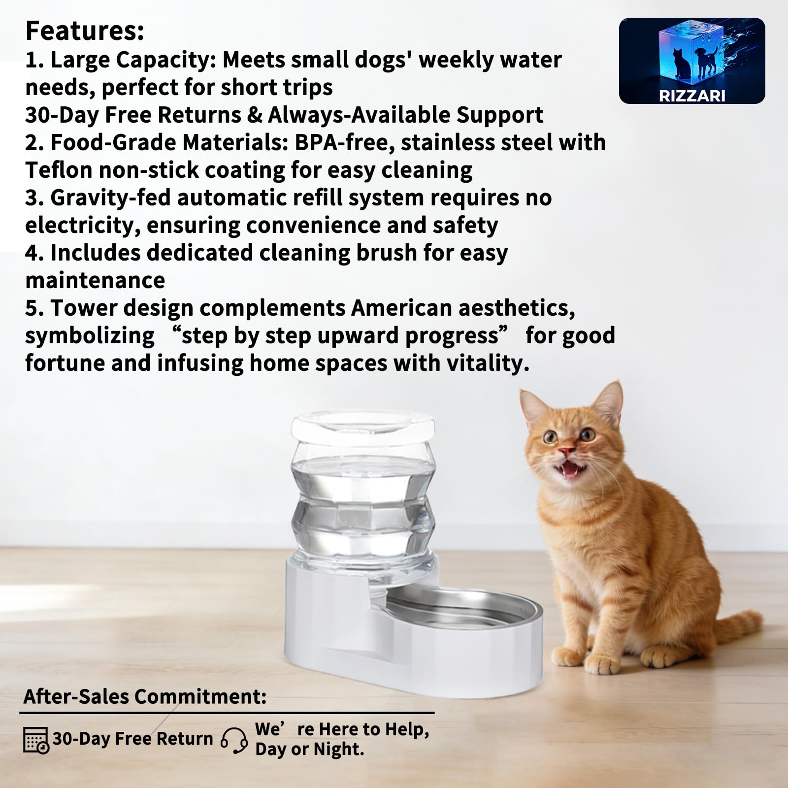 RIZZARI Gravity Water Bowl Dispenser: 4L Automatic Stainless Steel Water Feeder Without Filter - White Pet Waterer for Senior Do