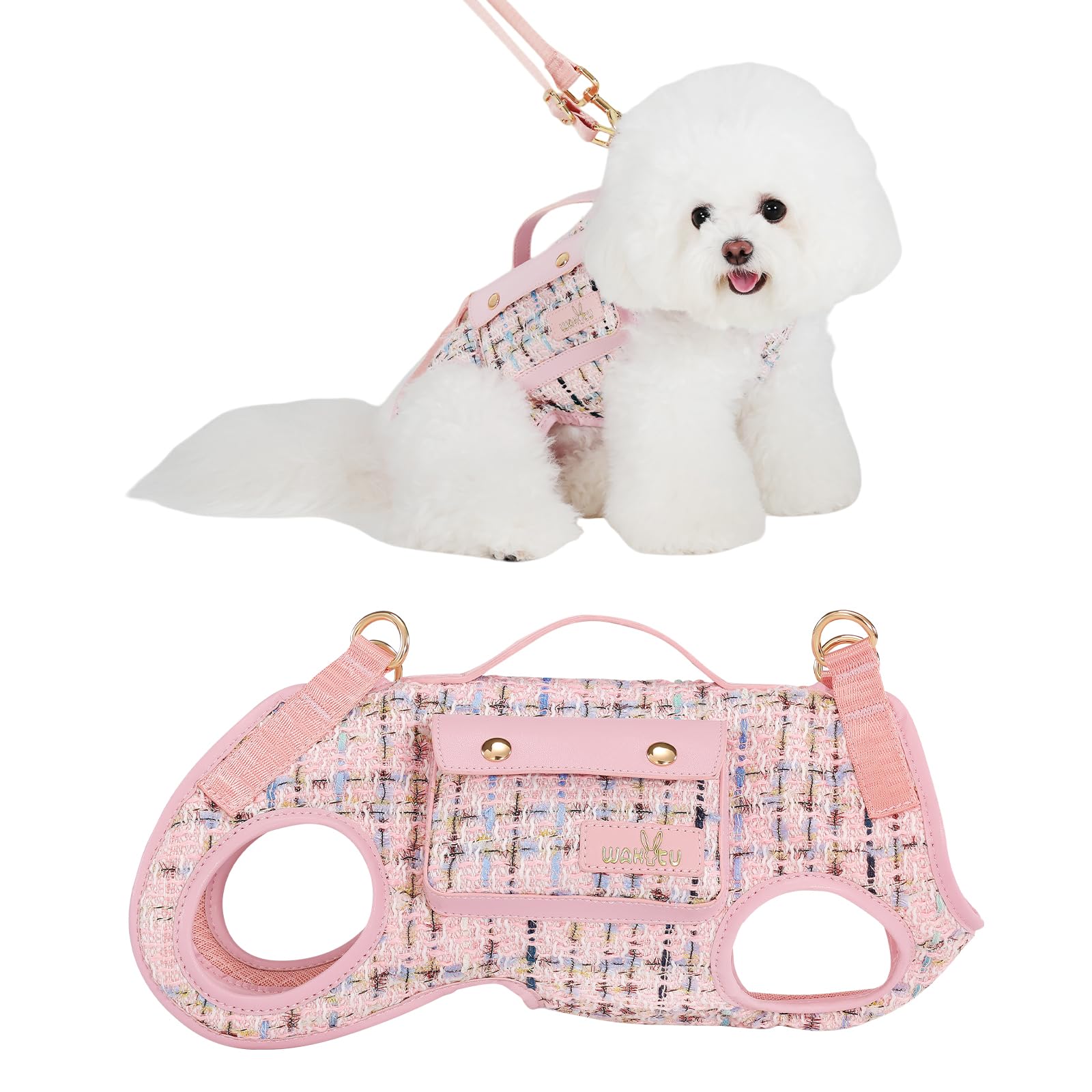 Wakytu Dog Lift Harness Dog Carrier Dog VES Harness Adjustable Dog Leash with Small Puppy Treat Bag(Pink,S)