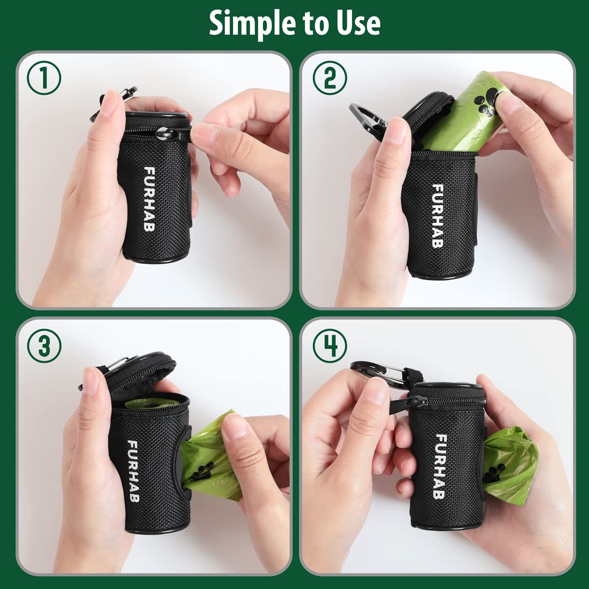 Furhab Dog Poop Bag Holder For Leash Doggie Waste Bag Dispenser Soft Fabric Puppy Potty Carrier Small Doggy Zipper Pouch With Carabiner Clip With 1 Roll Of Pet Trash Bags, Black