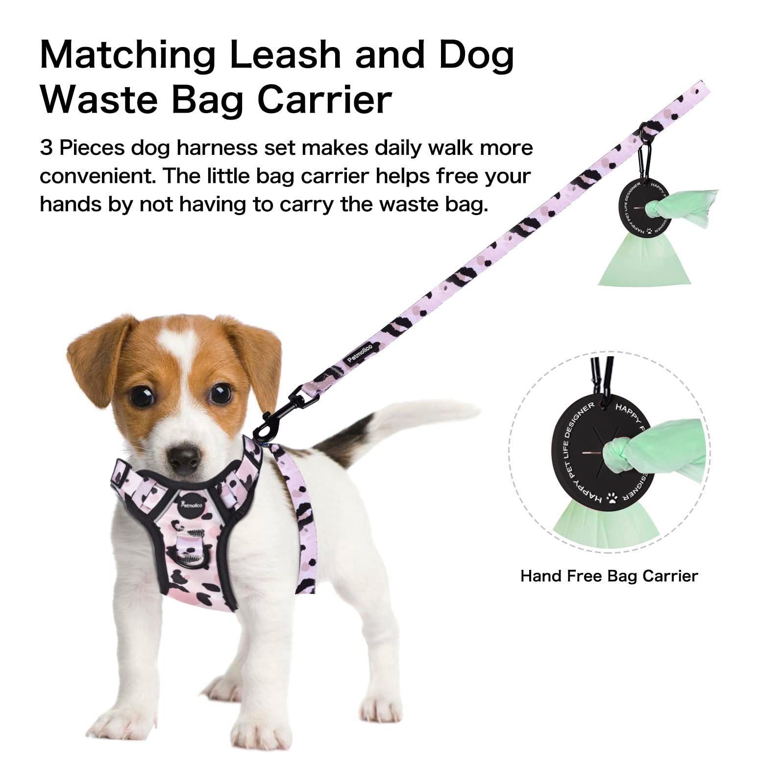 Petmolico Dog Harness For Small Dogs No Pull, Cute Dog Harness With Two Leash Clips And Soft Handle, Reflective Easy Walk Dog Harness With Leash, Pink Leopard Small