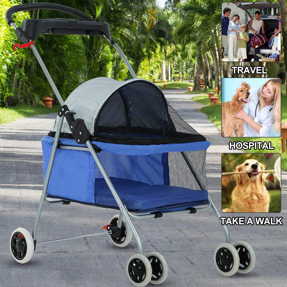 Hhs Pet Stroller, 4-Wheel Dog & Cat Stroller, Folding Carrier With Cup Holders, Waterproof, 35Lbs Capacity, Blue