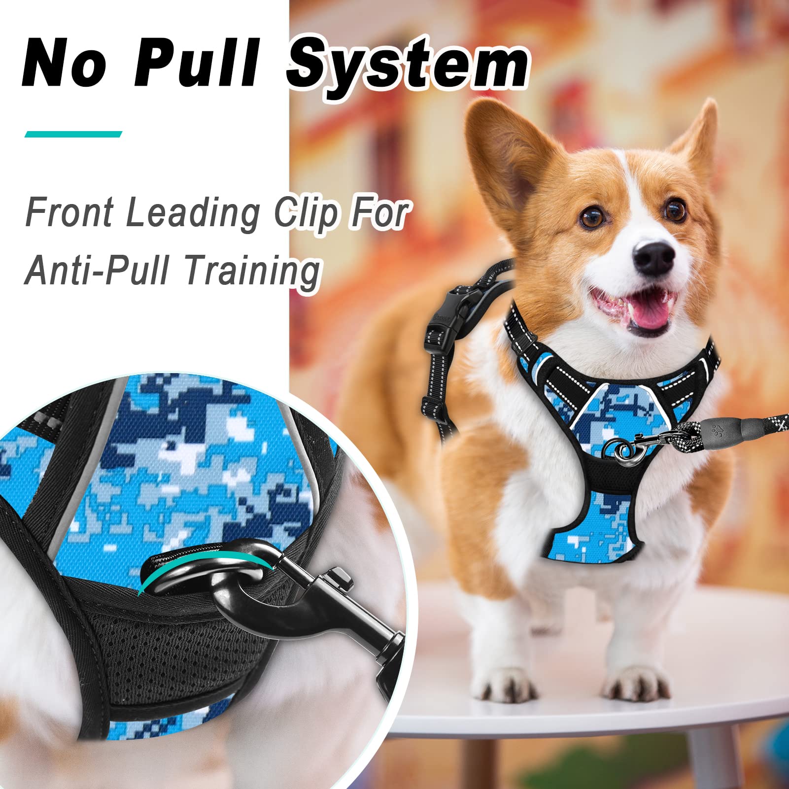 Barkbay No Pull Dog Harness Large Step In Reflective Dog Harness With Front Clip And Easy Control Handle For Walking Training Running(Blue Camo,Xl)