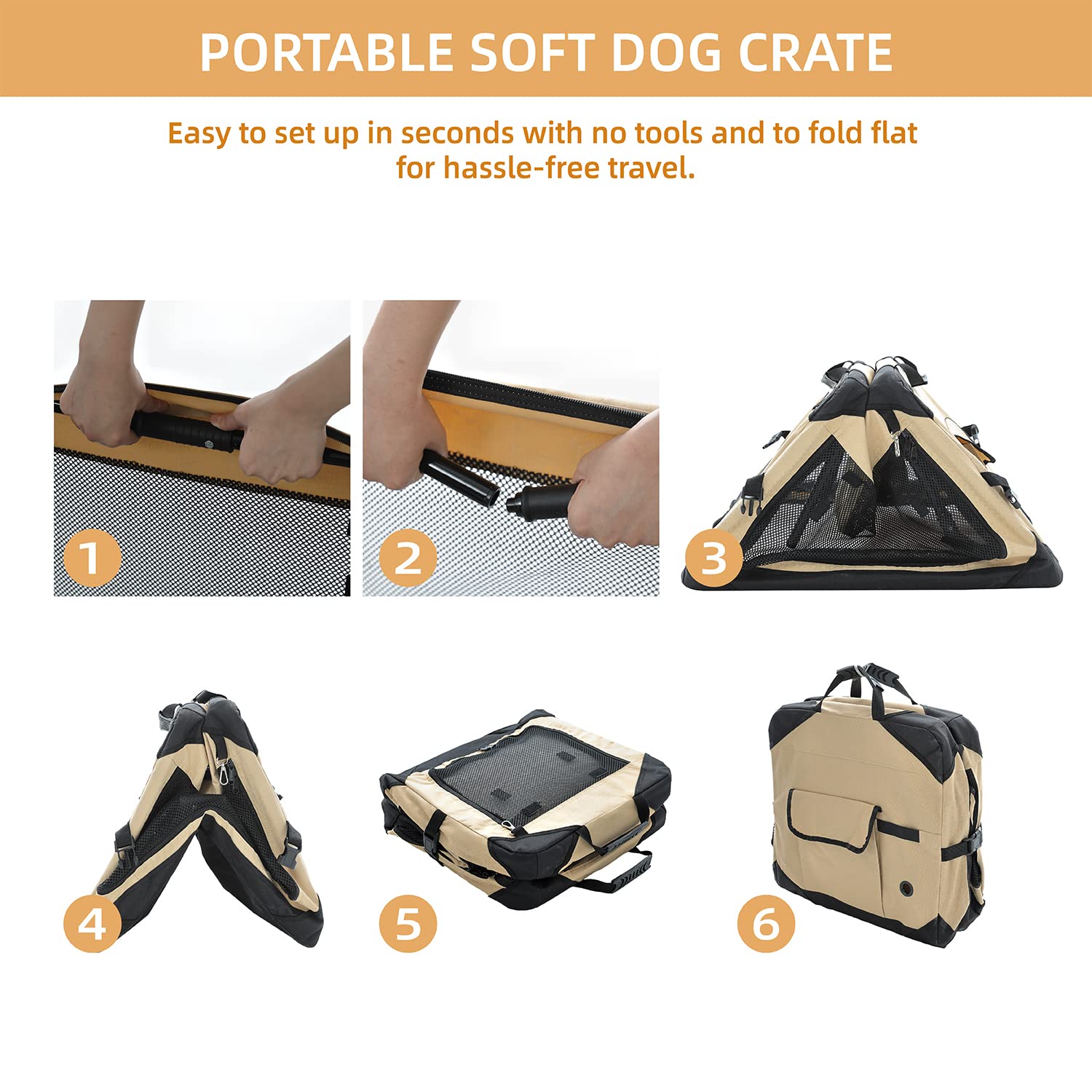 Pettycare 36 Inch Collapsible Dog Crate For Large Dogs, 4-Door Foldable Soft Dog Kennel With Chew Proof Mesh Windows, Indoor & Outdoor Travel Dog Crate, Soft Side Dog Crate,Beige
