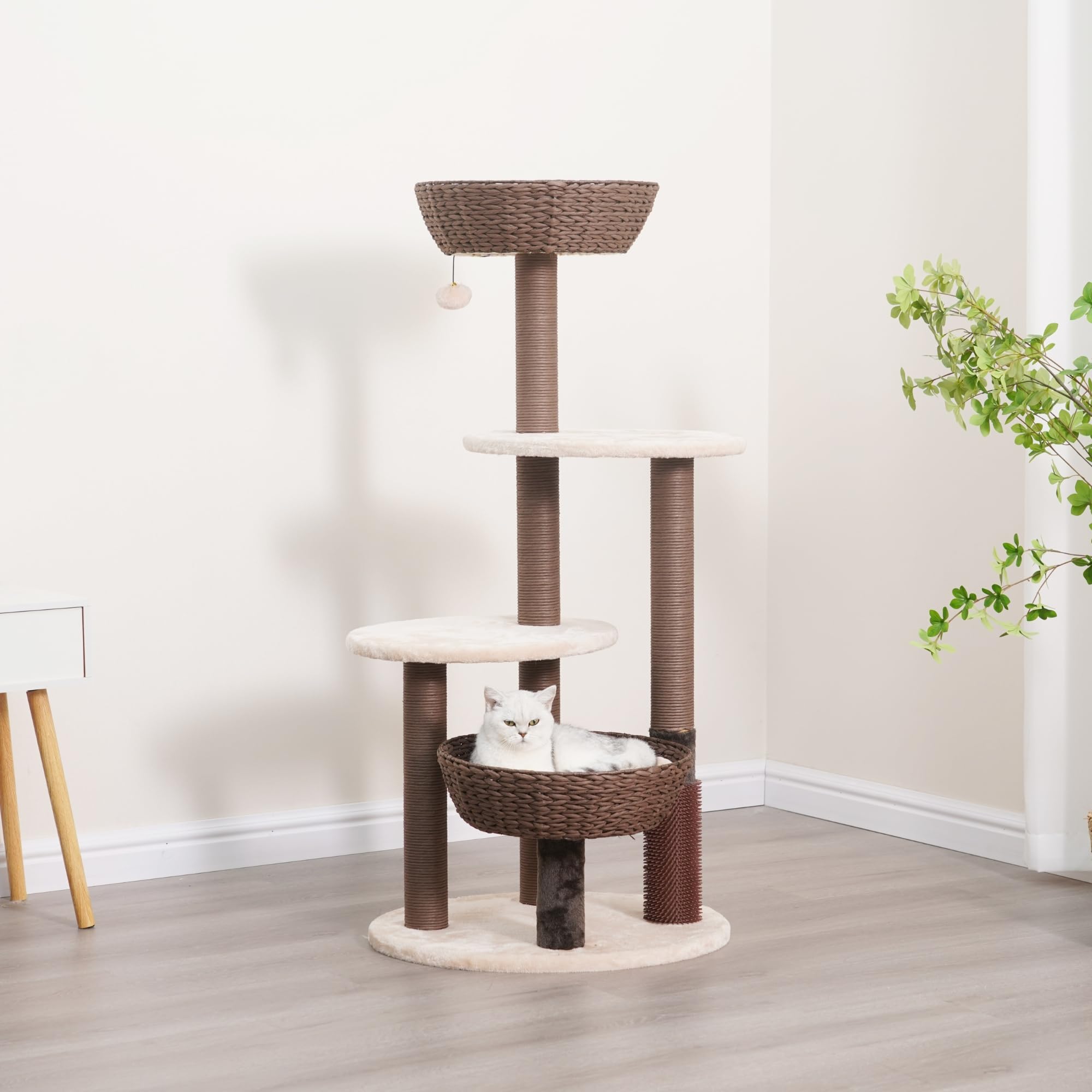 Petpals 48'High 5-Level Large Cat Tree With Handwoven Basket Beds, Multi-Level Platforms,Recycled Paper Rope Scratching Posts, Removeable Cushions, Teaser Toy & Massager For Multi Cats, Brown & Beige