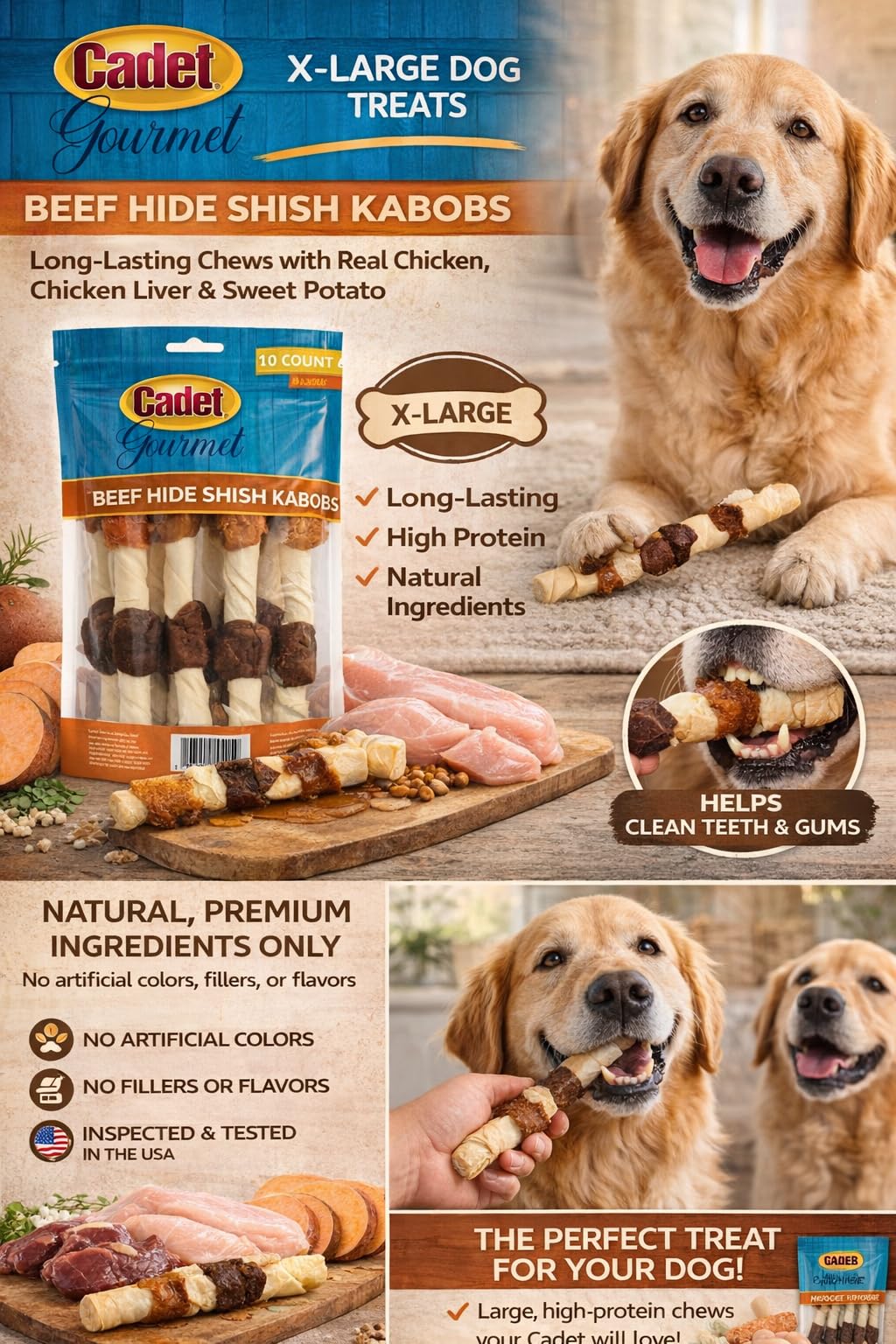 Cadet X-Large Dog Treat, 4-in-1 Beef Hide Shish Kabobs, 10 ct