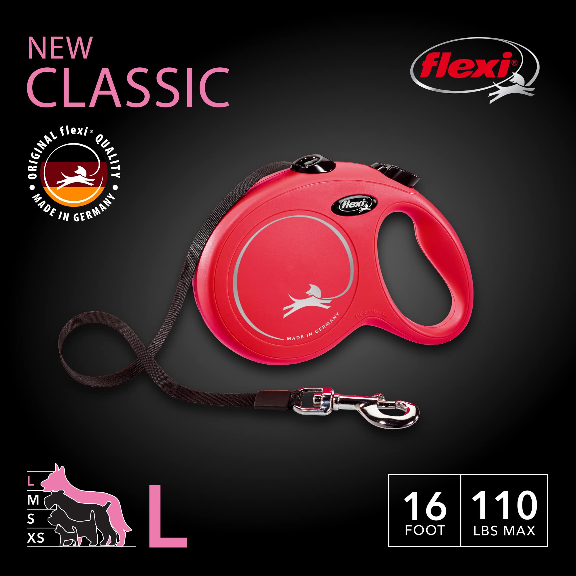Flexi New Classic Tape Retractable Dog Leash For Large Dogs Upto 110 Lbs. – 16 Ft., Red | Tangle Free Pet Walking Leash With One-Handed Brake, Pause, Lock|German Quality Product