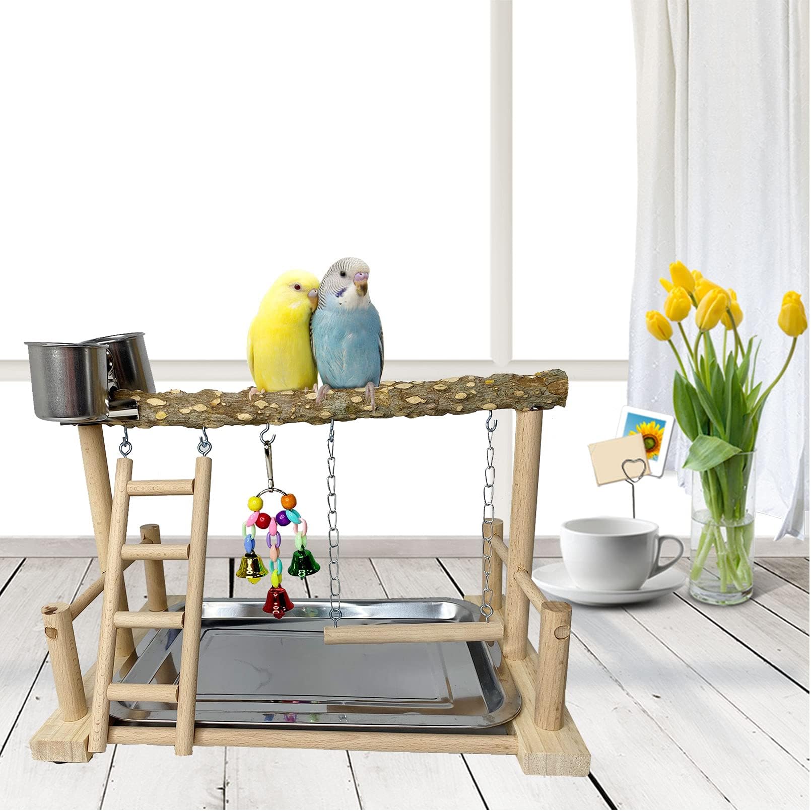 Kathson Parrots Playground Bird Perch Wood Playstand Stand With Ladder Swing Feeder Cups Chew Toy For Parakeet Conure Cockatiel Budgie Lovebird Finch Small Birds