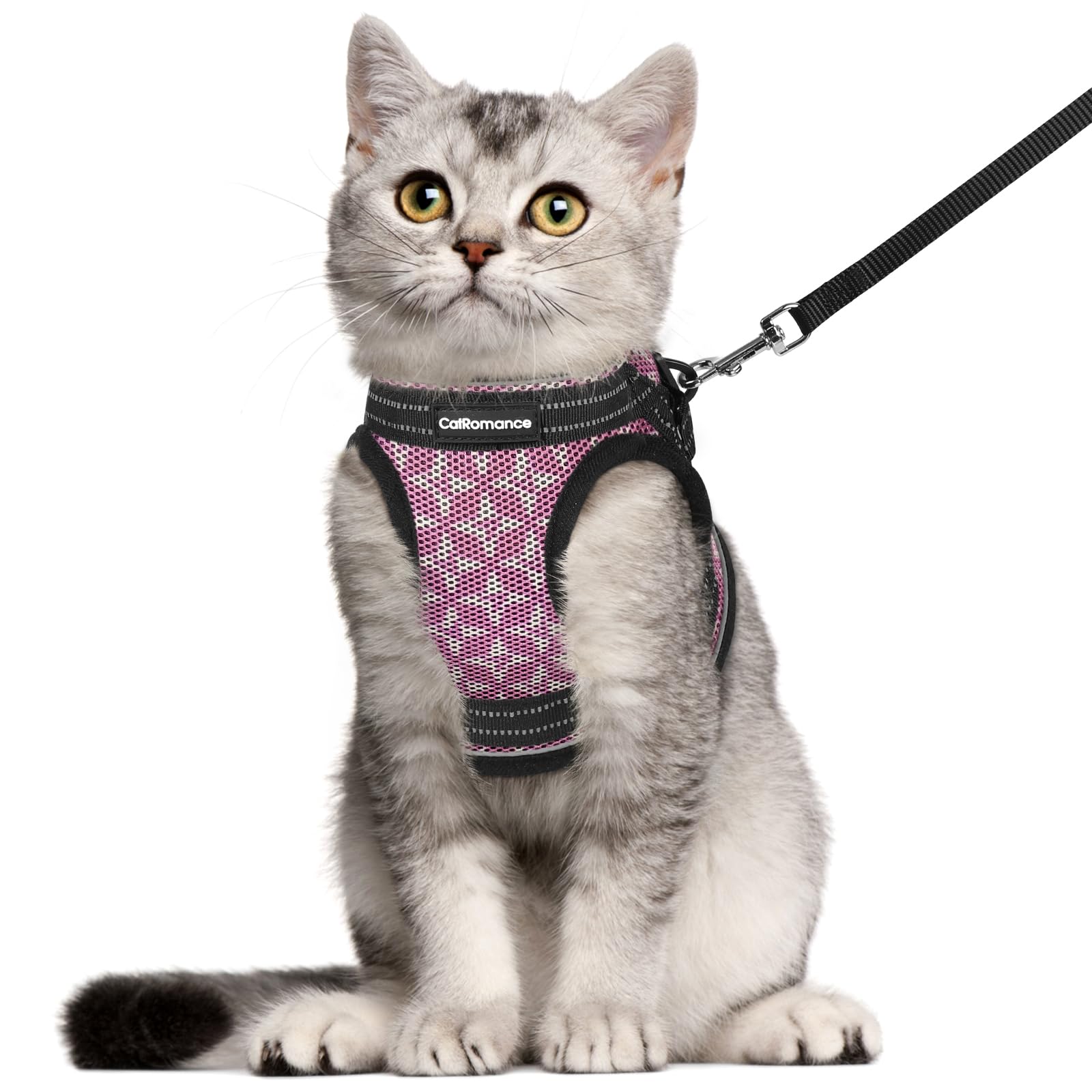Catromance Cat Harness And Leash Set Escape Proof For Walking, Safe Adjustable Small Large Kitten Vest With Reflective Strip For Kitty, Easy Control Comfortable Soft Outdoor Harnesses, Pink, Large