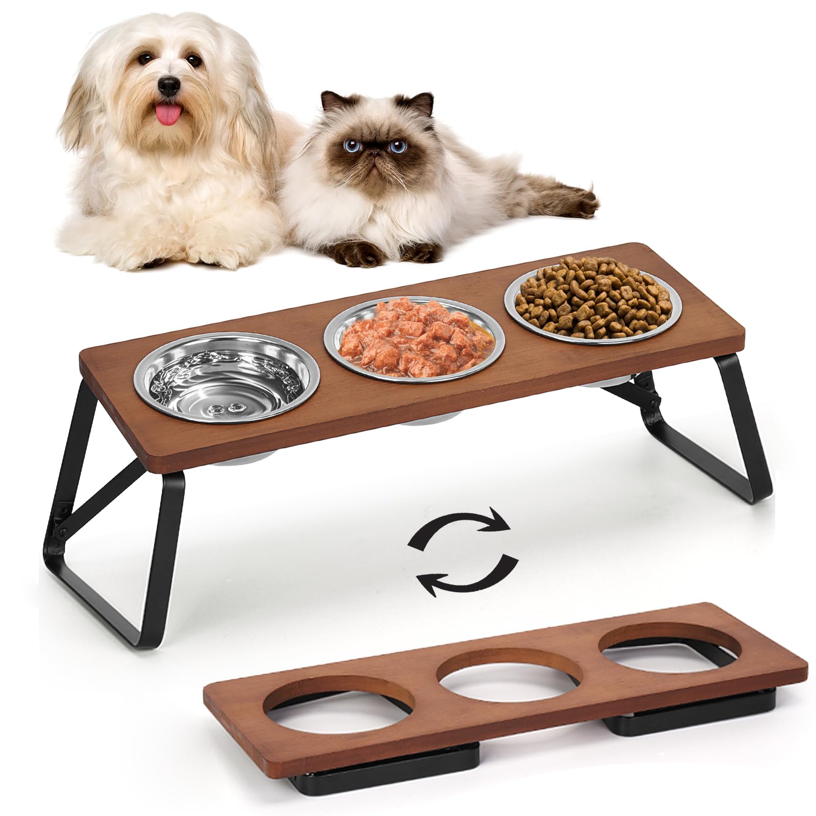 Elevated Cat Bowls, 10 Tilted Stand Anti Vomiting Raise Cat Bowl for Food and Water, 3 Stainless Steel Bowls for Indoor Cats, Ki