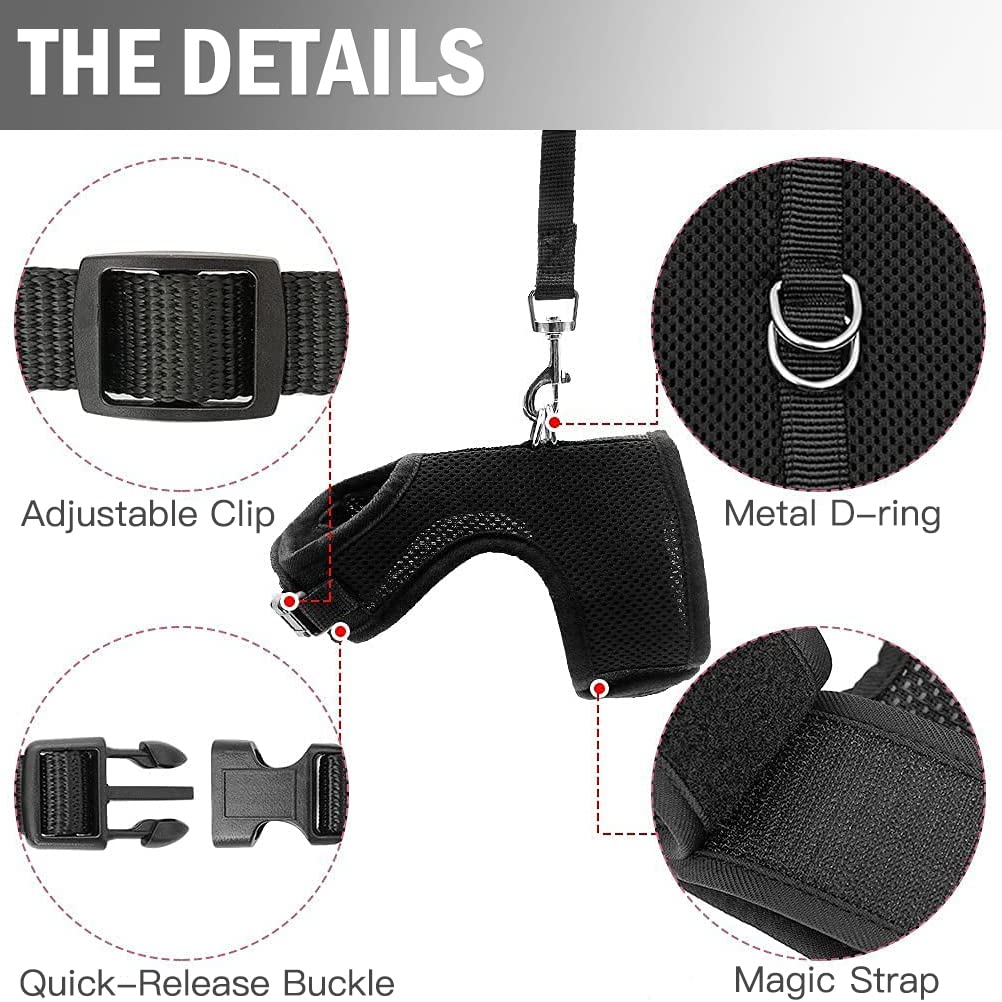 Pupteck Soft Mesh Cat Vest Harness And Leash Set Puppy Padded Pet Harnesses Escape Proof For Cats Small Dogs Rabbits Bunny, Black Xl