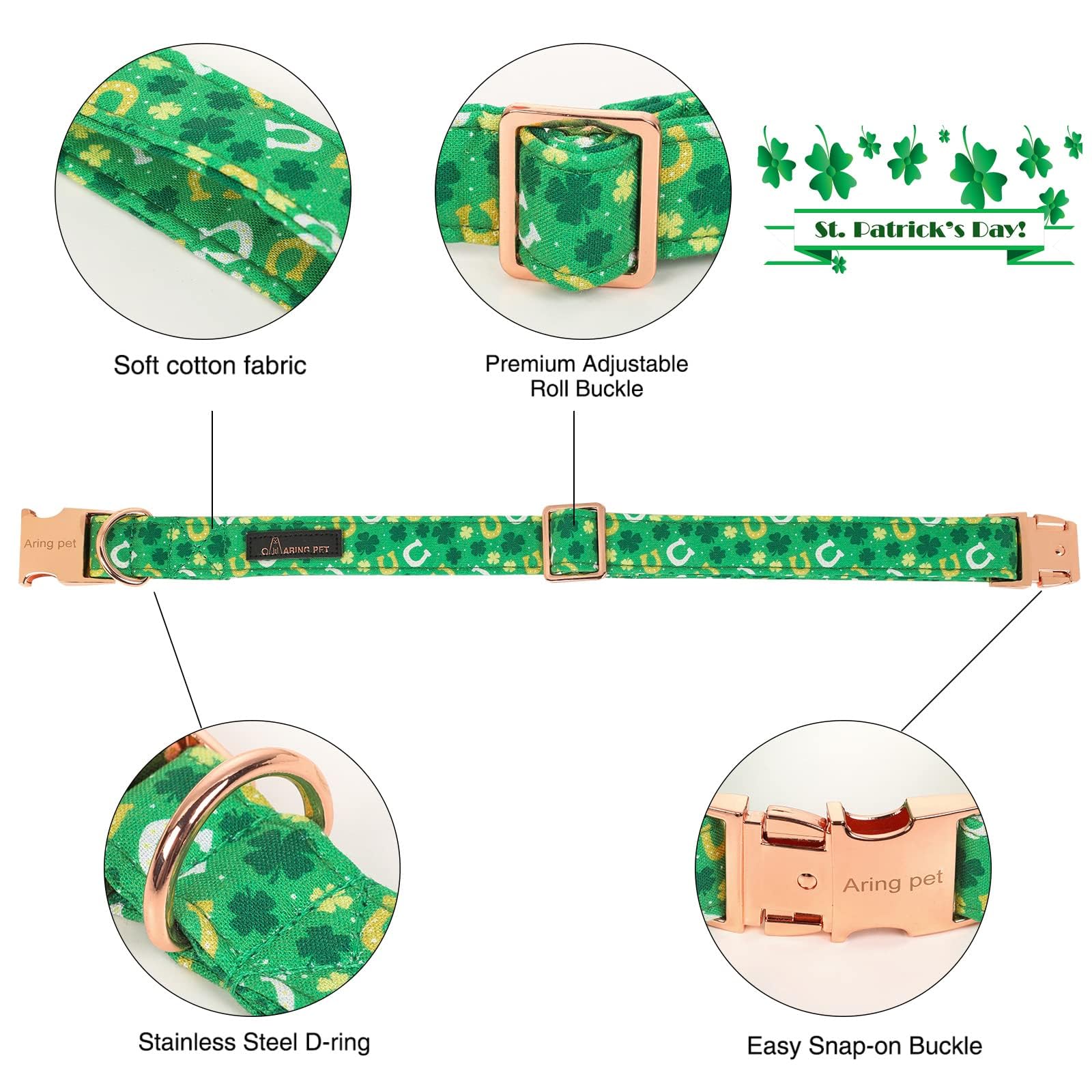 ARING PET St. Patrick's Day Dog Collar-Green Clovers Dog Collar with Sailor Bowtie, Adjustable Cotton Trefoil Dog Collars with M