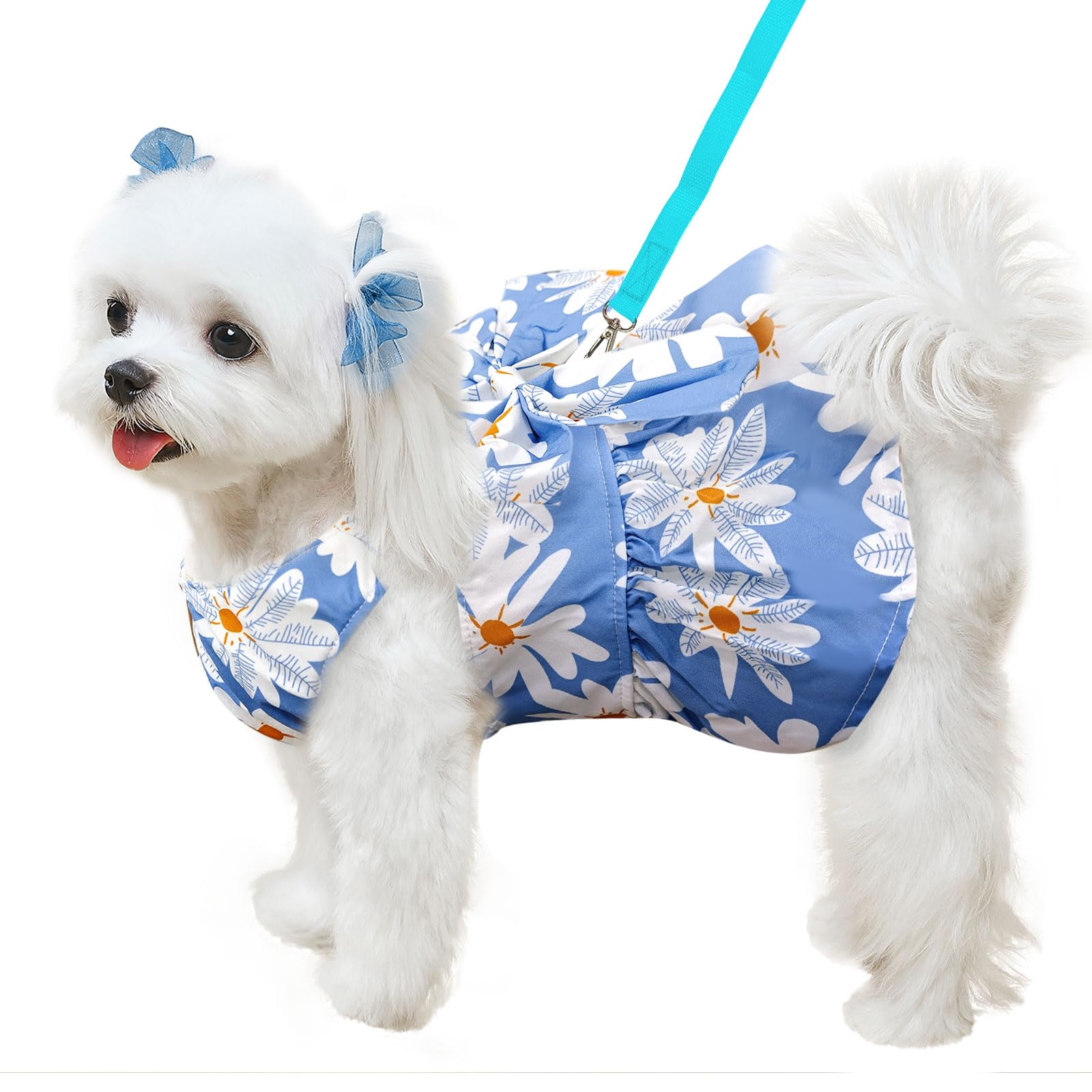 Abrrlo Cute Dog Dress Small Dog Clothes For Girls Female Puppy Outfits Blue Daisy Pet Summer Clothes Bowknot Doggy Cat Princess 
