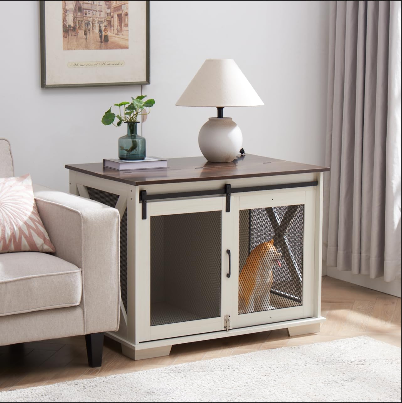 CKEASEAN 37  L Farmhouse Dog Cage Crate Furniture with Sliding Barn Door, Wooden Dog Kennel End Table with Flip-top Plate and