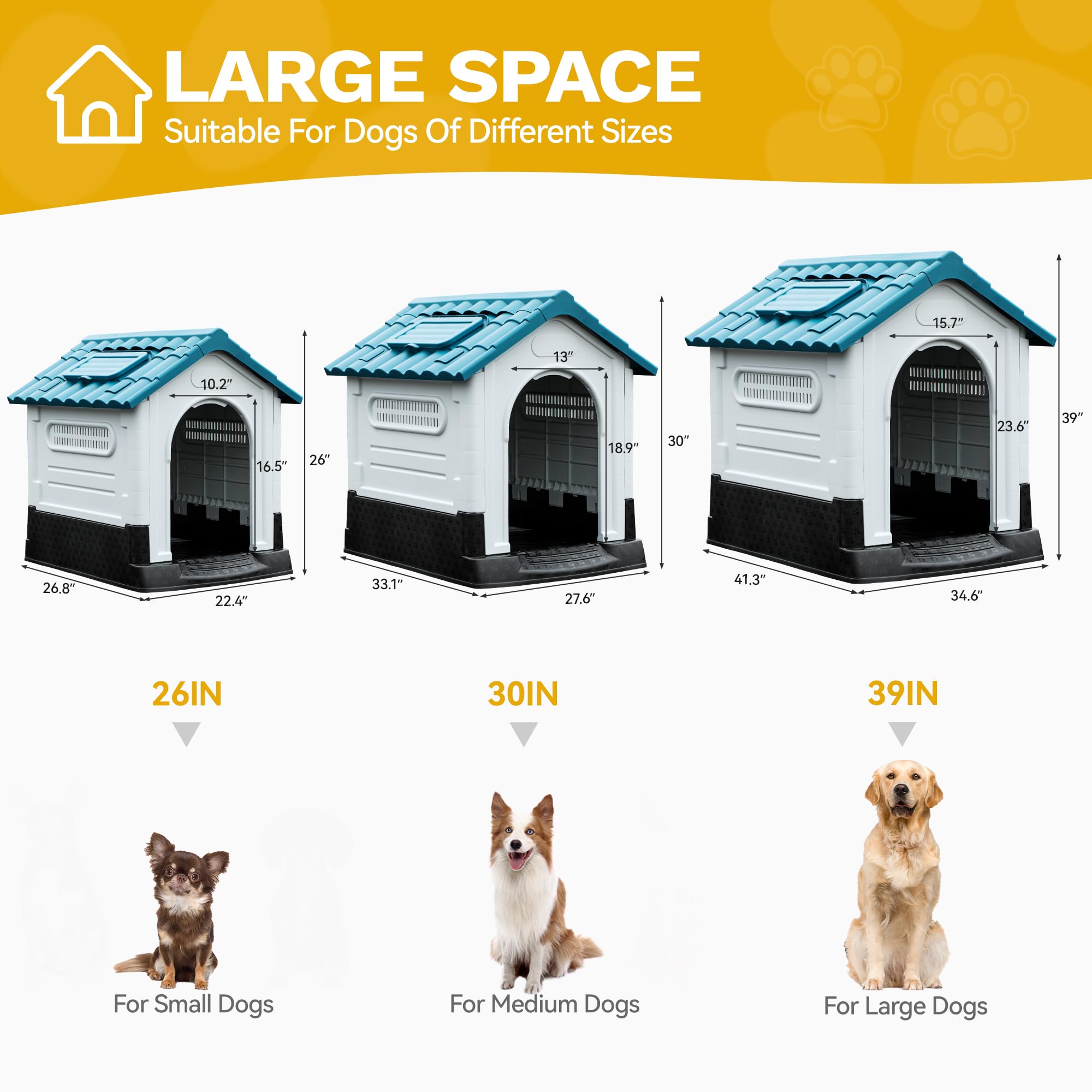 Dwvo 33.1'' Plastic Foldable Dog House For Small And Medium Dogs, Waterproof Folding Pet House With Adjustable Top Window And El