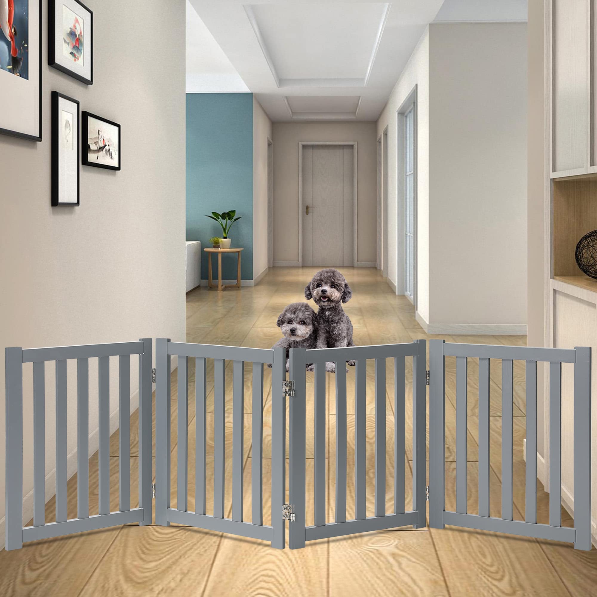 Lzrs Solid Hardwood Freestanding Pet Gate,Wooden Dog Gates For Doorways,Nature Wood Dog Gates For The House,Dog Gate For Stairs,Freestanding Indoor Gate Safety Fence,Grey,24' Height-4 Panels