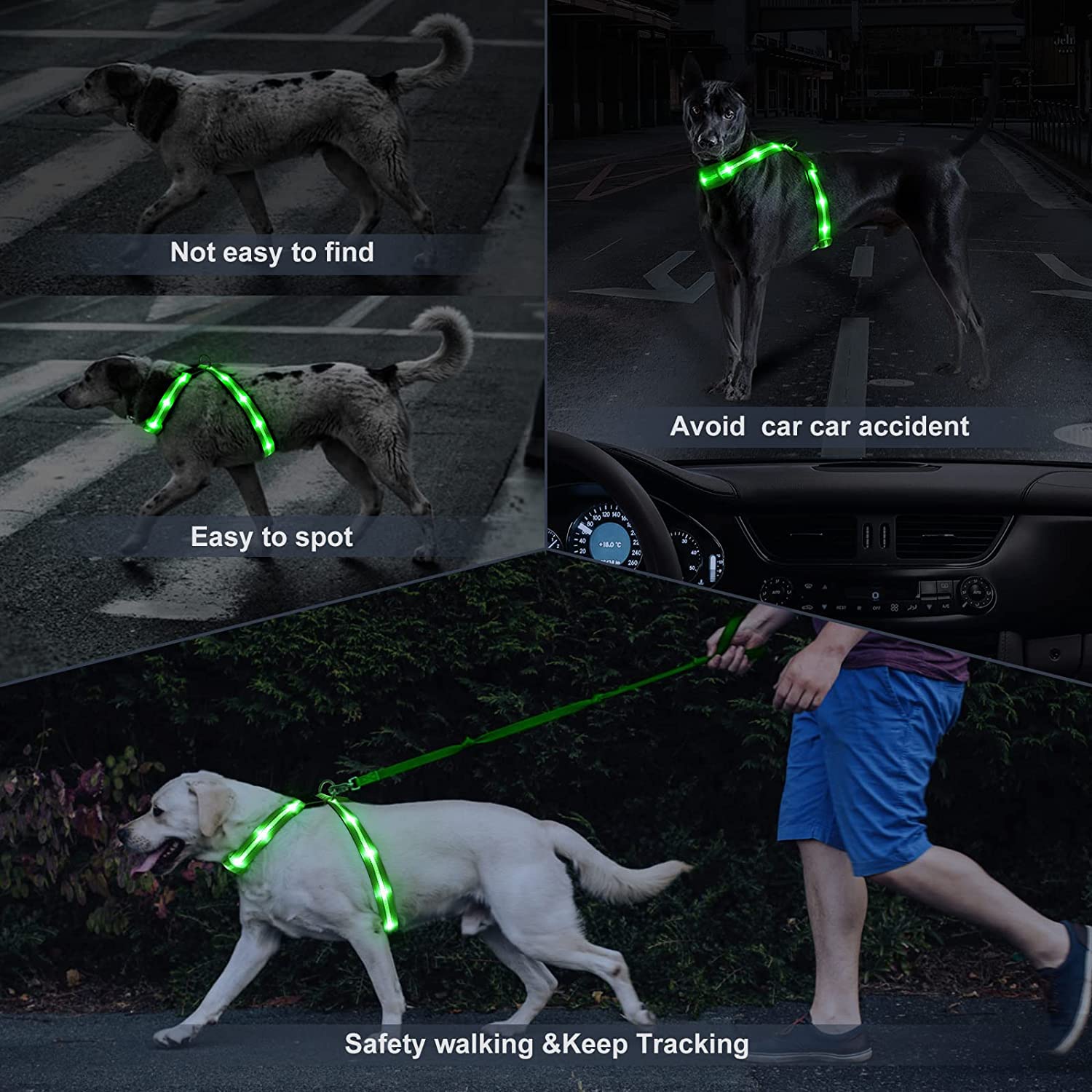 KOSKILL LED Light Up Dog Harness, Rechargeable & Reflective, Glow in The Dark, Green, Size M (Neck? = 96cm) for Night Walking
