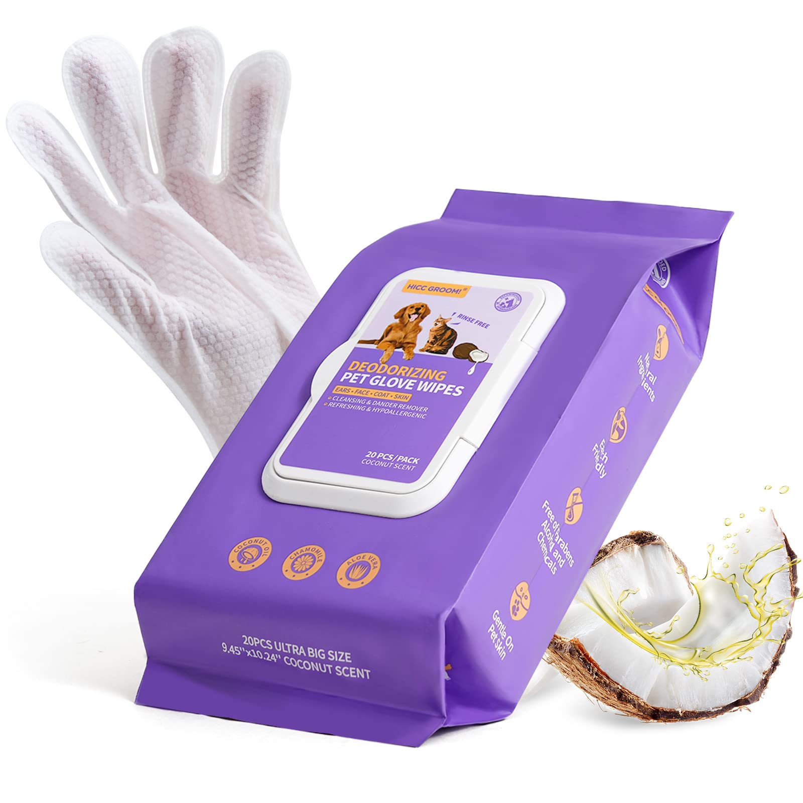 Deodorizing & Cleaning Pet Wipes Supplies For Dogs And Cats, Nourish Fur Coconut Oil Glove-Type Puppy/Cat Grooming Wipes For Multi-Pet Families, Daily Care In Between Baths, 20 Pcs - Coconut Scent