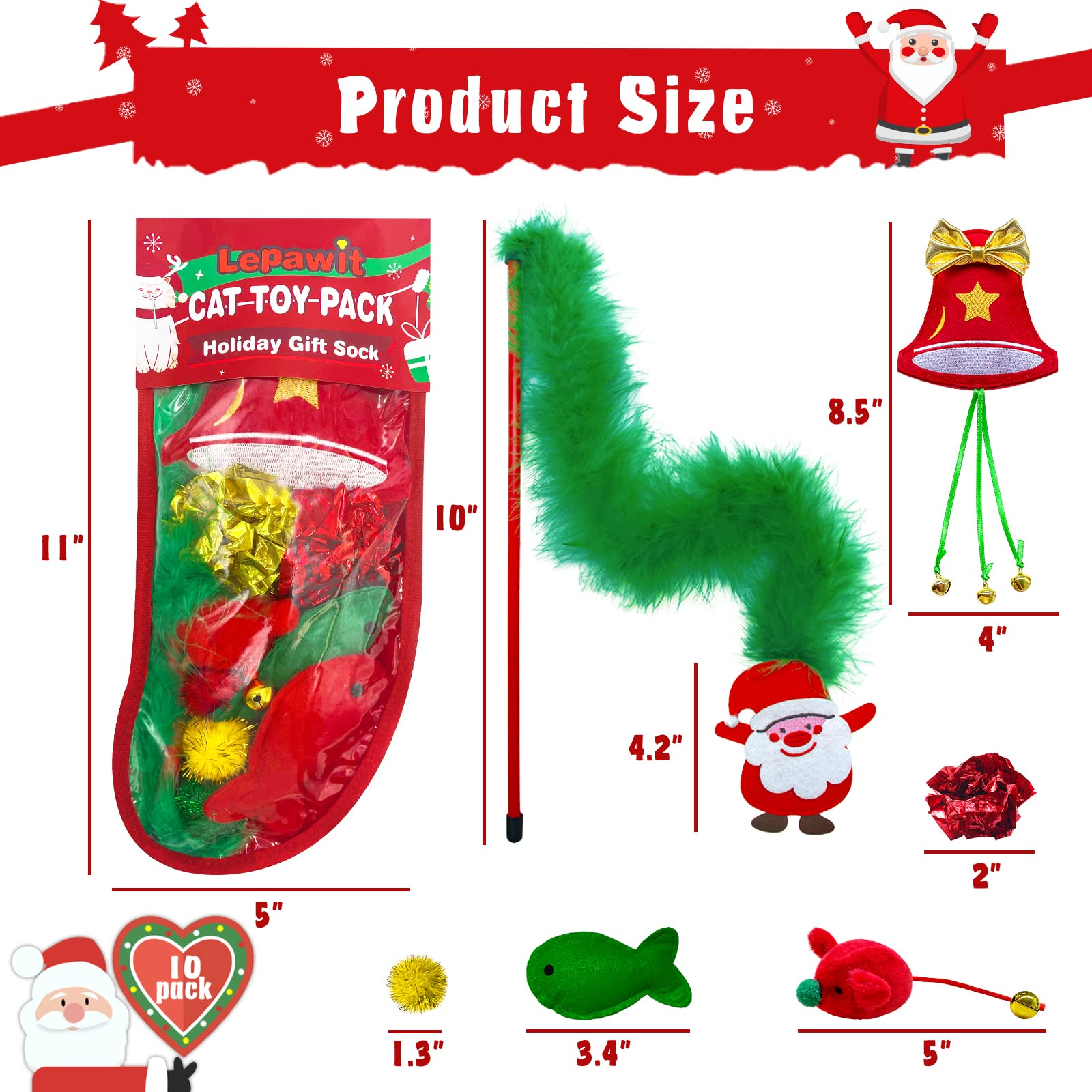 Lepawit Cat Christmas Stocking, 10 Pack Christmas Cat Toys For Indoor Cats, Includes Catnip Toys, Balls And Feather Toys, Great