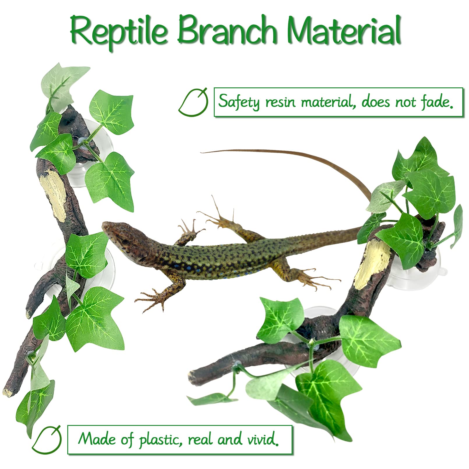 Fhiny 2 PCS Reptile Corner Branch, Resin Climb Tree Branch Decor with Leaves Tank Accessories Terrarium Plant Ornament with Suct