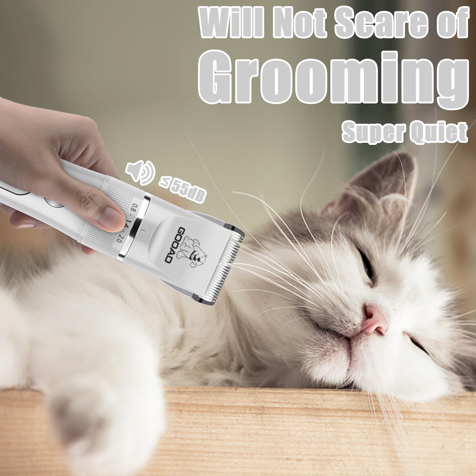 Goood Cat Grooming Kit - Cordless, Low Noise Paw Trimmer, Quiet Cat/Dog Clippers For Long/Matted Hair (Silver)